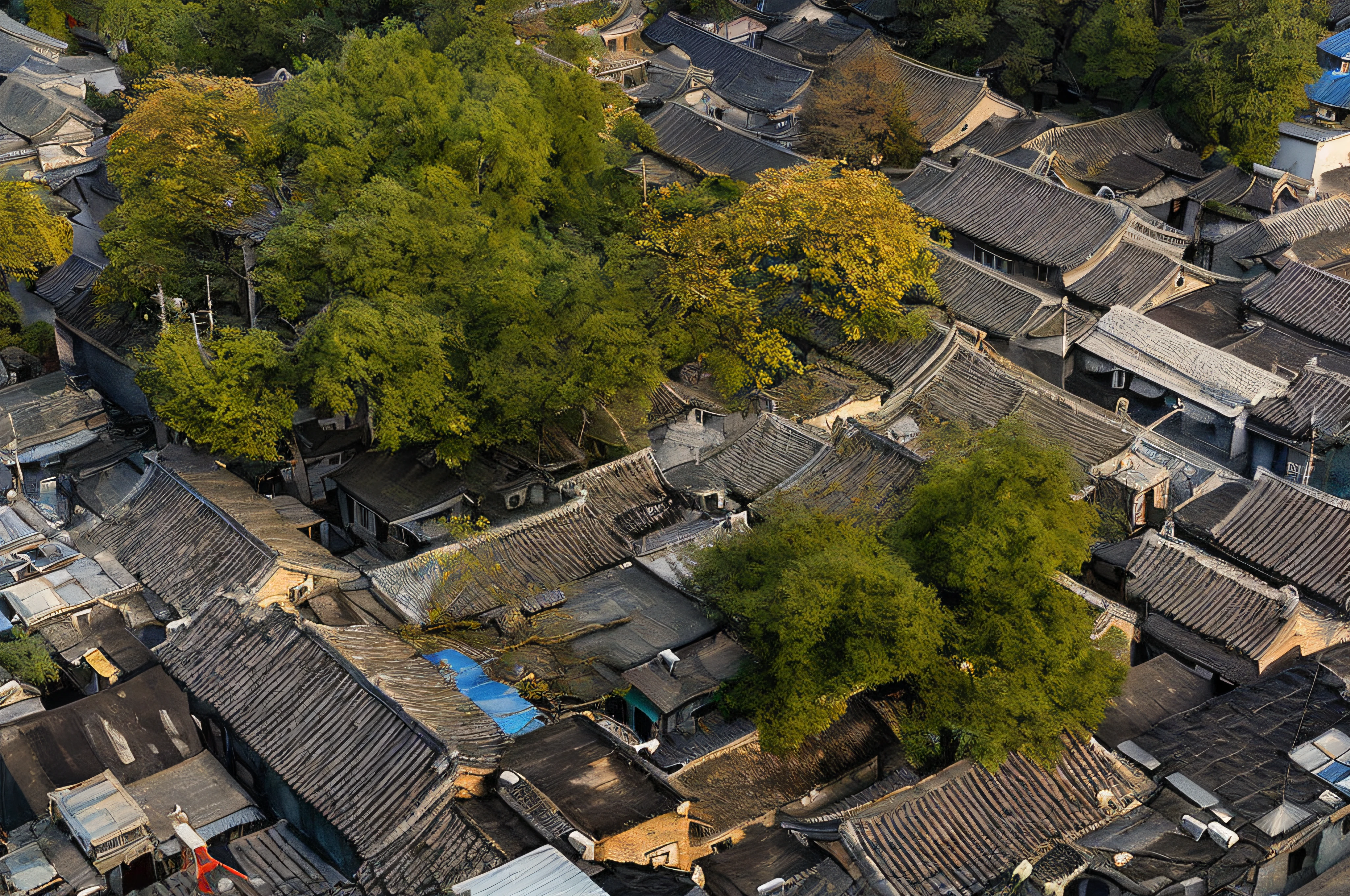 Great view of the city with many houses and trees, golden hour in beijing, looking from above, dreamy Chinese towns, View from above, the roof, Ancient Chinese architecture, looking from above, Chinese village, shot from above, tiled roofs, hiding in the rooftops, upper view, old asian village, Aerial Photography, zhouzhuang ancient town,Golden leaves,Antique color,Motion picture film tones,retro tone