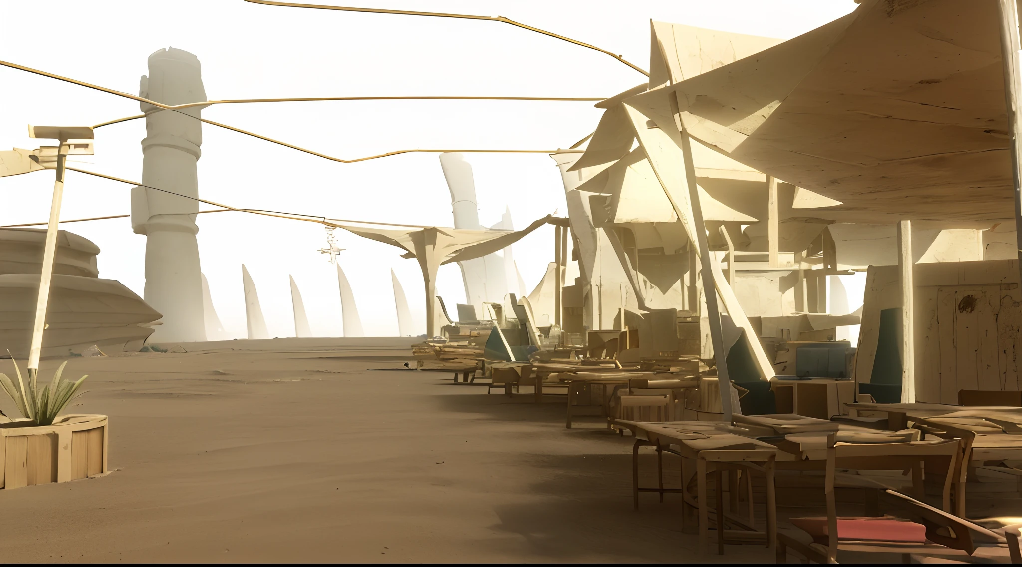 there are many chairs and tables in a room with a yellow sky, stylized as a 3d render, desert city, solarpunk cantine, rendered in pov - ray, 3 d render stylized, stylized 3d render, raytraced render, solarpunk village, sunrise over solarpunk city, in a futuristic desert palace, merchant tents