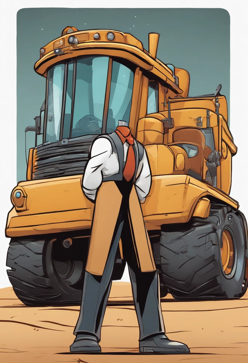 Single cartoon character, homem com uma camisa preta com gola, um personagem animado, pose de personagem, que represente uma empresa, Personagem 3D, In front of heavy machinery, industriais, estilo Pixar, com alta qualidade.