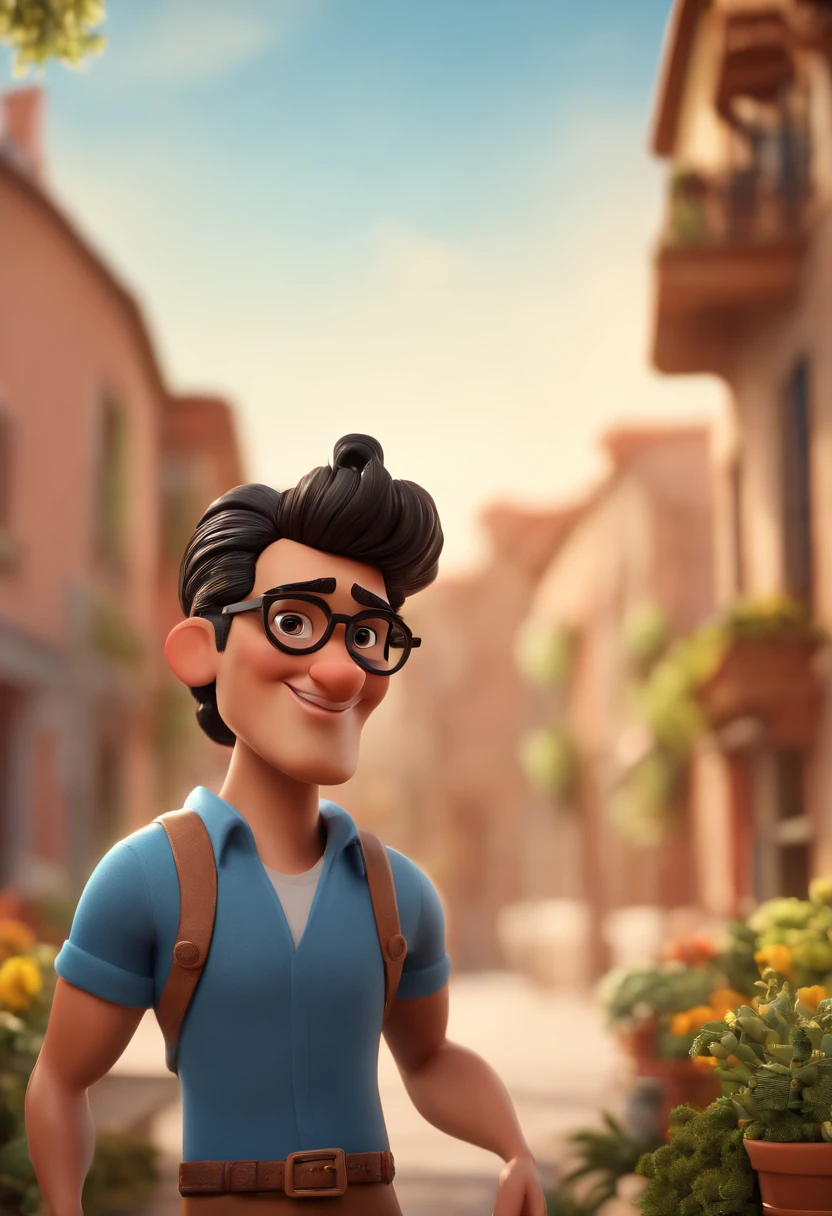 Cartoon character of a man with black glasses, black hair with horse bun and a blue shirt, animation character, Caractere estilizado, animation style rendering, 3D estilizado, Arnold Maya render, 3 d render stylized, toon render keyshot, Personagem 3D, Personagem 3D, 3d rendering stylized, 3 d character render, personagem de desenho animado, Personagem de close up, Pose de personagem, (Estilo Pixar) (master part:1.2) (Bokeh) (best quality) (pele detalhada) (textura detalhada) (8k) (argila) (Cinematic lighting) (foco nítido