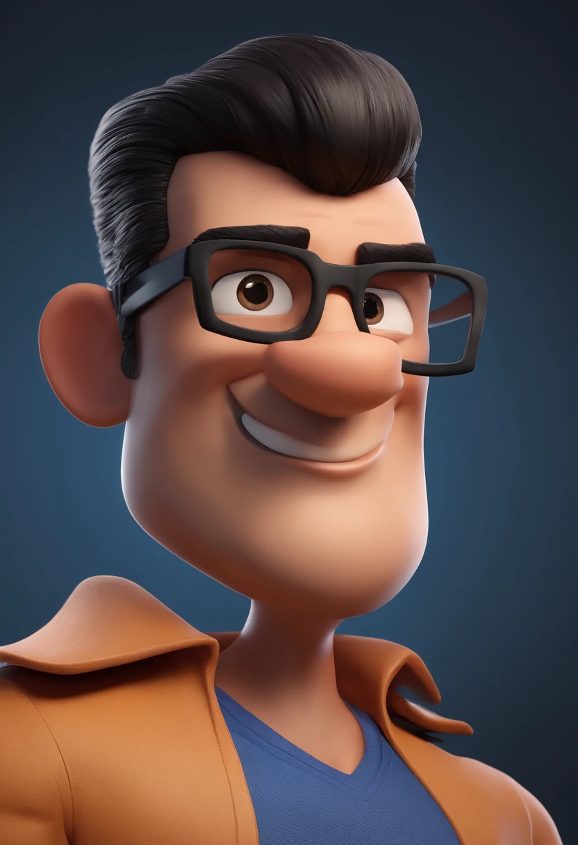 Cartoon character of a man with black glasses, black hair with horse bun and a blue shirt, animation character, Caractere estilizado, animation style rendering, 3D estilizado, Arnold Maya render, 3 d render stylized, toon render keyshot, Personagem 3D, Personagem 3D, 3d rendering stylized, 3 d character render, personagem de desenho animado, Personagem de close up, Pose de personagem,  (Estilo Pixar) (master part:1.2) (Bokeh) (best quality) (pele detalhada) (textura detalhada) (8k) (argila) (Cinematic lighting) (foco nítido