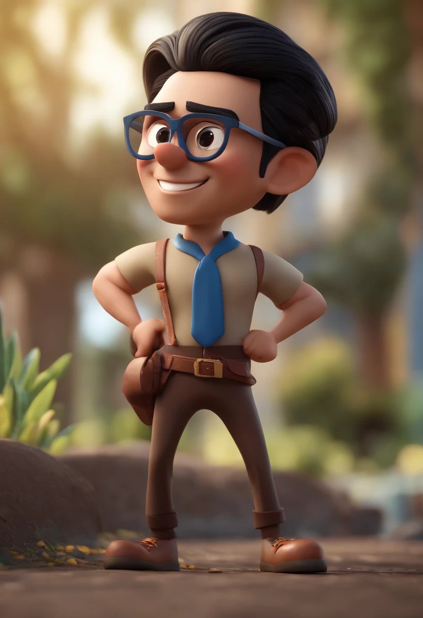 Cartoon character of a man with black glasses, black hair with horse bun and a blue shirt, animation character, Caractere estilizado, animation style rendering, 3D estilizado, Arnold Maya render, 3 d render stylized, toon render keyshot, Personagem 3D, Personagem 3D, 3d rendering stylized, 3 d character render, personagem de desenho animado, Personagem de close up, Pose de personagem,  (Estilo Pixar) (master part:1.2) (Bokeh) (best quality) (pele detalhada) (textura detalhada) (8k) (argila) (Cinematic lighting) (foco nítido