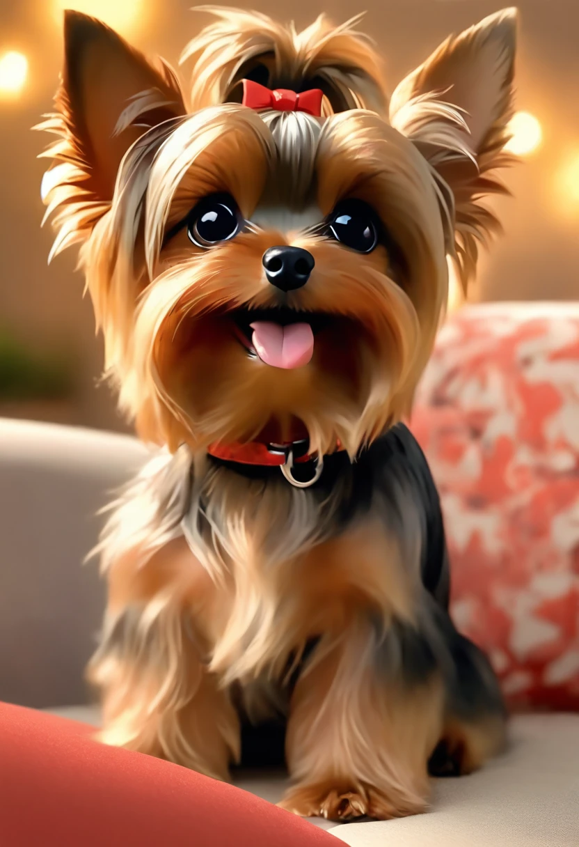(best quality,4k,8k,highres,masterpiece:1.2),ultra-detailed,(realistic,photorealistic,photo-realistic:1.37), miniature brown Yorkshire Terrier, sitting on a sofa, looking at the camera, (shake head:1.5), having a playful expression, blonde all over body:1.8, biologically correct.