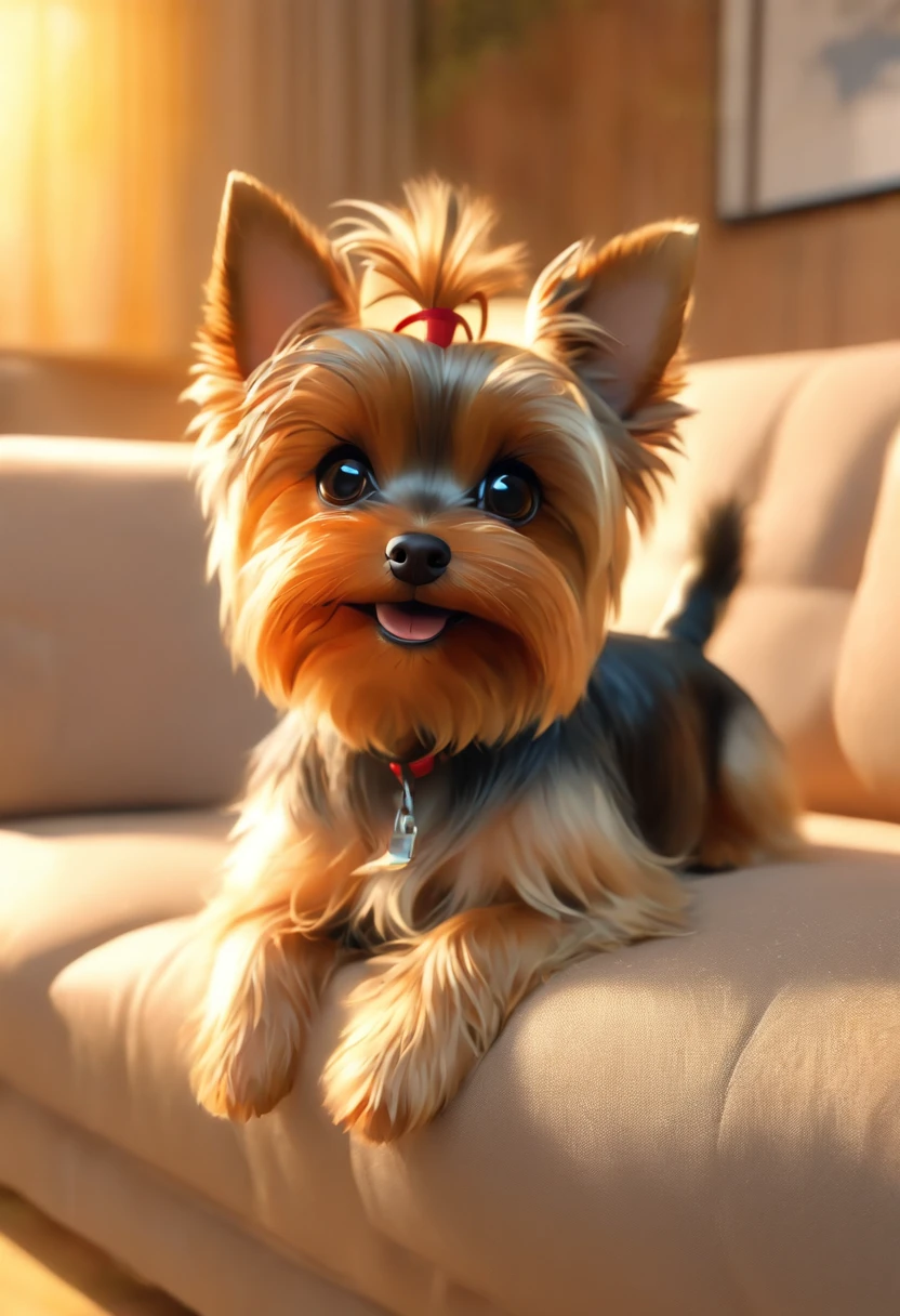 (best quality,4k,8k,highres,masterpiece:1.2),ultra-detailed,(realistic,photorealistic,photo-realistic:1.37), miniature brown Yorkshire Terrier, sitting on a sofa, looking at the camera, (shake head:1.5), having a playful expression, blonde all over body:1.8, biologically correct.