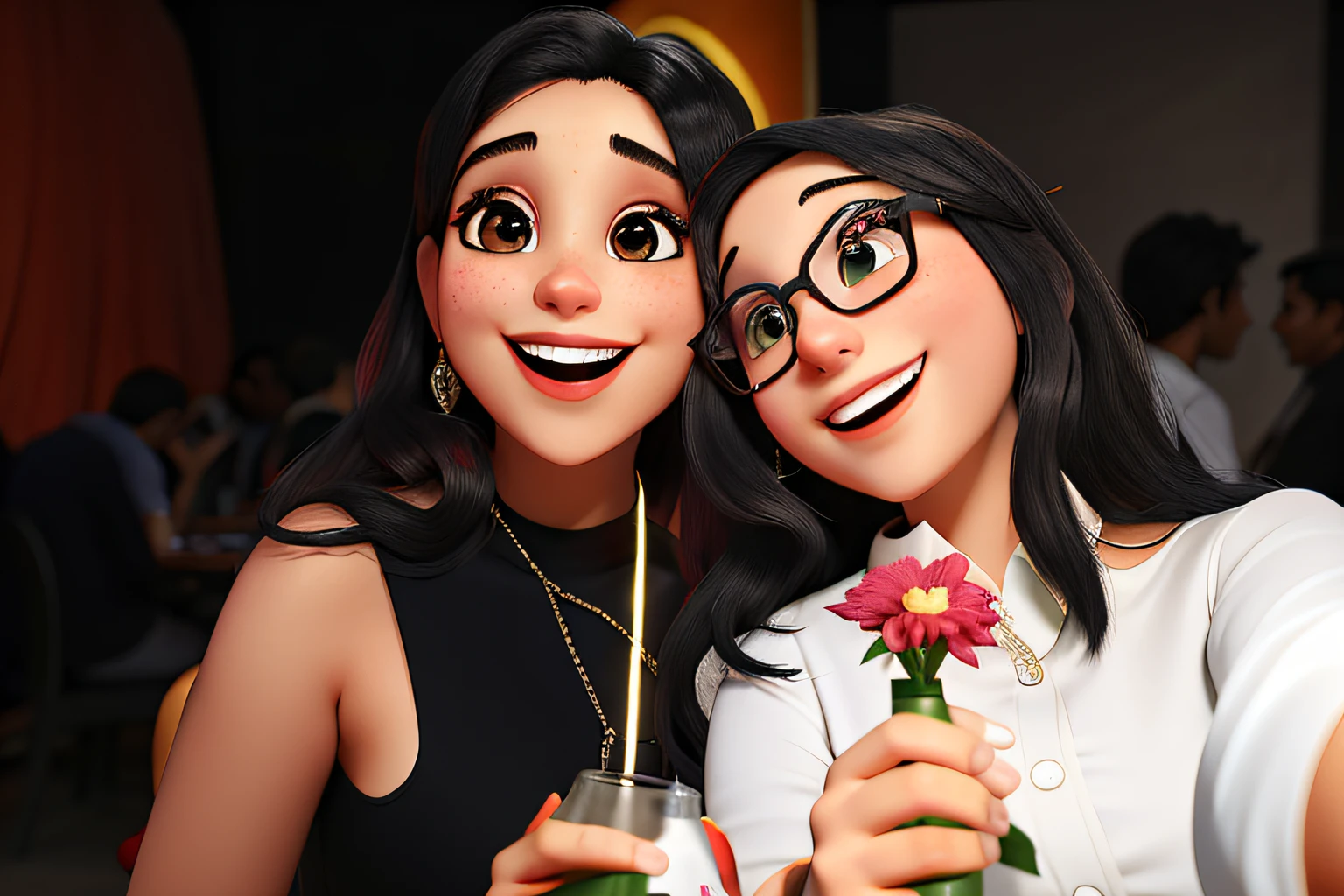 Disney Pixar cartoon, mulheres negras, cabelos pretos, olhos puxados pretos, lindas , rosto perfeito, brindando em um restaurante