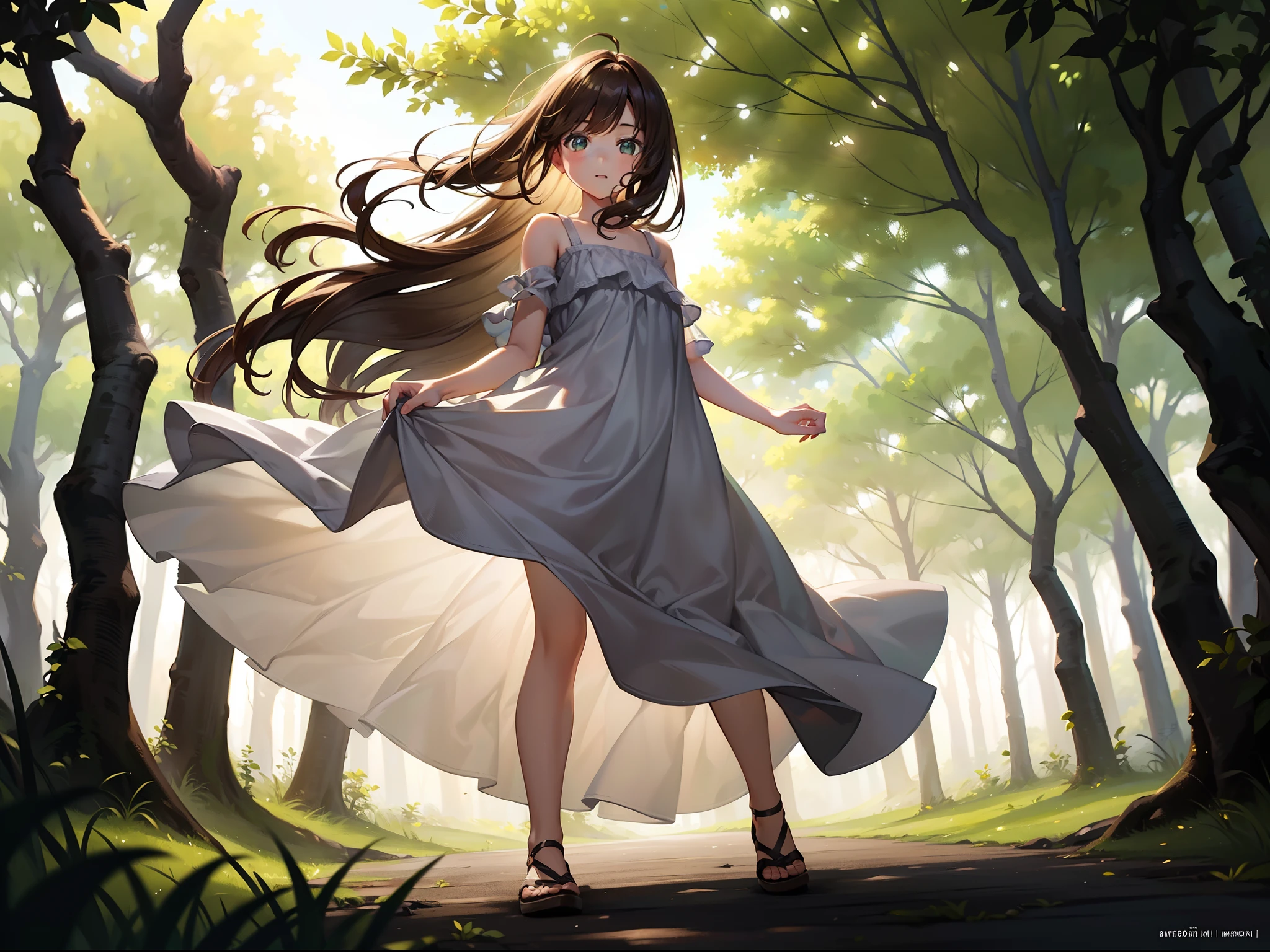 1 girl ,walking in forest ,full body, (green lighting ), (cinematic lighting) , cinematic angle, (wide shot:1.1), front viewer ,sundress ,brown hair ,((masterpiece)), ((best quality)), ((ultra-detailed)), (illustration), ((an extremely delicate and beautiful))