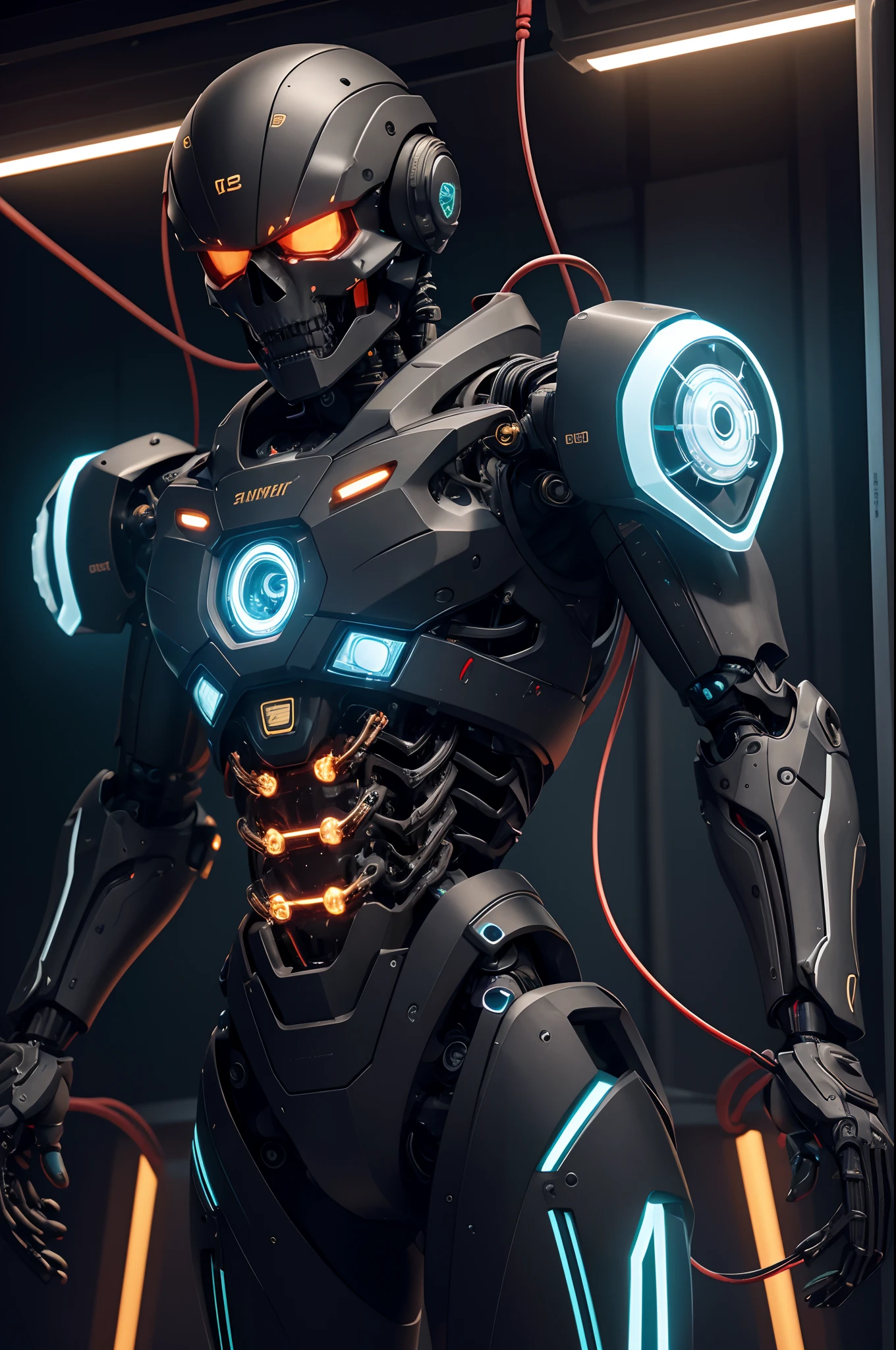 a highly detailed, streamlined mecha with a non-humanoid, one-eyed camera lens-like head, complex mechanical structures, glowing cyclops eye, white and black color scheme, multiple light sources, glowing eyes, lights, machinery, mecha, power armor, robot, robot joints, science fiction, solo, blurry background, depth of field