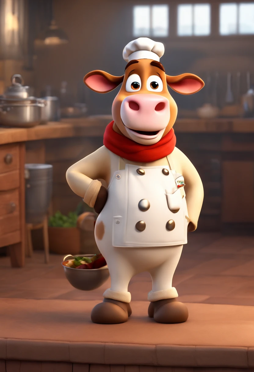 movie pixar studios mascot standing cow dressed as a chef and wearing a beige scarf around her neck disney pixar style 3d 4k full smile and happy style disney 3d style the movie up