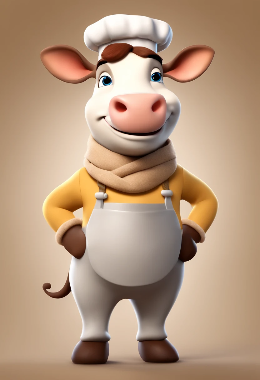 movie pixar studios mascot standing cow dressed as a chef and wearing a beige scarf around her neck disney pixar style 3d 4k full smile and happy style disney 3d style the movie up