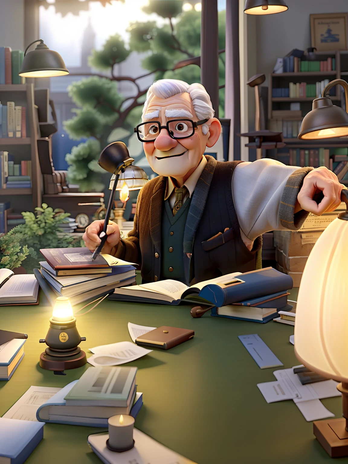 A wise old man standing in front, illuminated by the light of a lamp, against the backdrop of a library