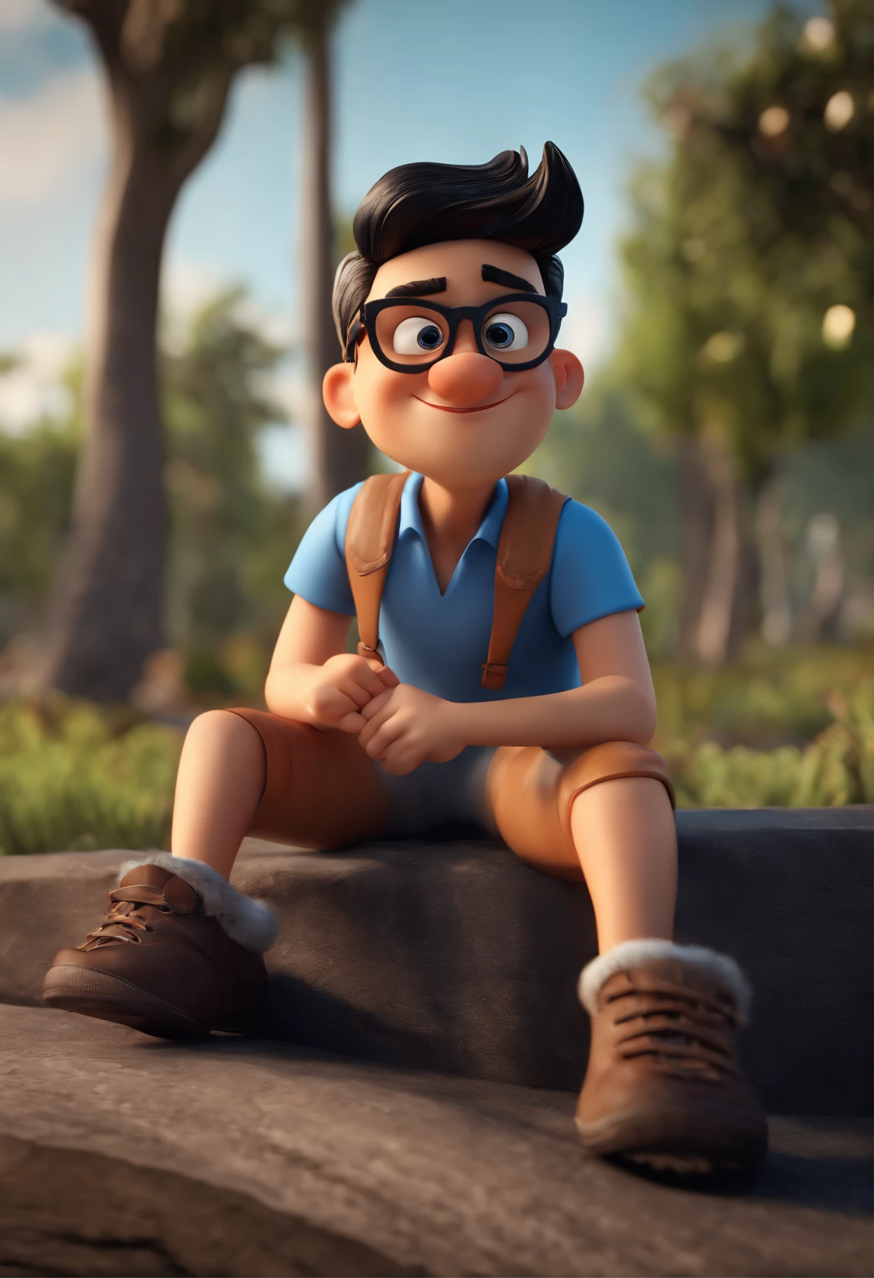 Cartoon character of a man with black glasses, black hair with horse bun and a blue shirt, animation character, Caractere estilizado, animation style rendering, 3D estilizado, Arnold Maya render, 3 d render stylized, toon render keyshot, Personagem 3D, Personagem 3D, 3d rendering stylized, 3 d character render, personagem de desenho animado, Personagem de close up, Pose de personagem, (Estilo Pixar) (master part:1.2) (Bokeh) (best quality) (pele detalhada) (textura detalhada) (8k) (argila) (Cinematic lighting) (foco nítido