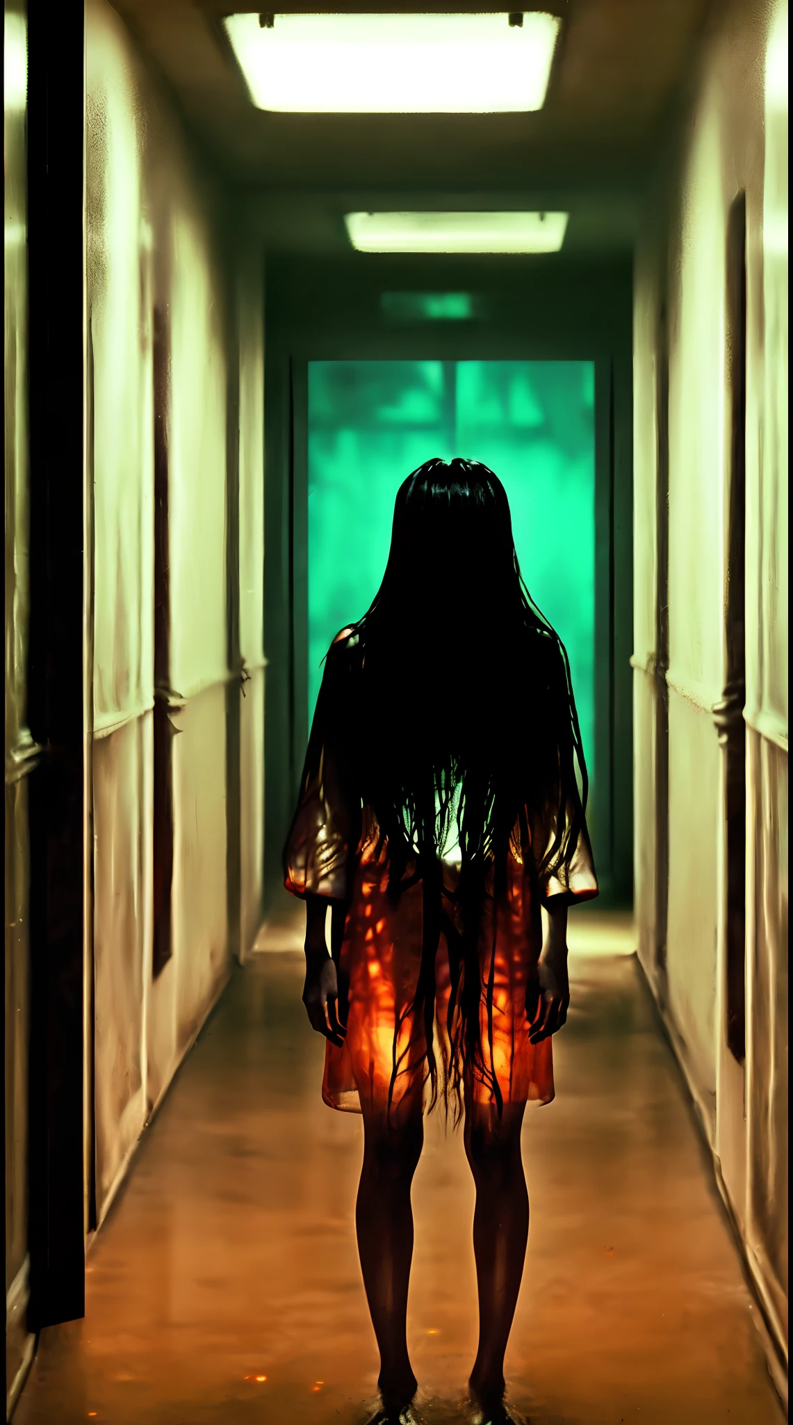 Sadako, creepypasta monster inside a liminal space of nightmares in a dark warehouse, dynamic lighting, photorealistic, trending on art station, stunning visuals, foggy, creative, cinematic, ultra detailed, atmospherical, ambient lighting, scary art, bad quality, heavy film grain, desaturated, orange teal hue