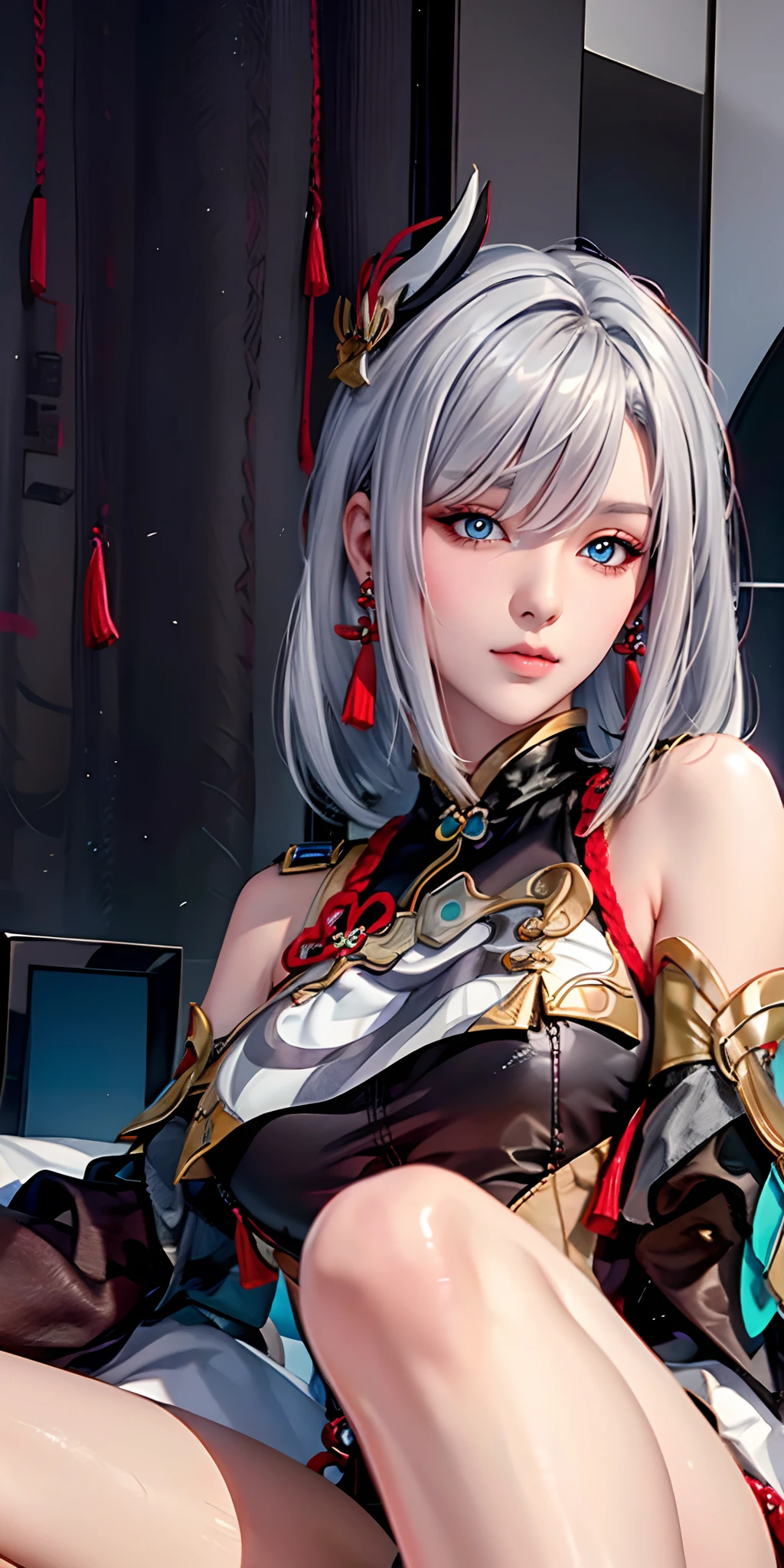 (((shenhe_Genshin,hitman,Genshin Impact,Long_Hair, Blue_Eyes, bangs, Hair_polypubic hair_One_eye, Breasts, Hair_decorations, Large_Breasts, jewelry, Grey_Hair, White_Hair, nipple tassels, Earrings, Very_Long_Hair, Braid, breast enhancement_curtain))),((Masterpiece)),A high resolution, ((Best quality)),tmasterpiece,top-quality,best qualityer,((( looking at viewert, There is light in the eyes))),(((Light and shadow interlace,white skinned,gigantic cleavage breasts,huge boob,Raised ,laughingly,self-assured))),(((araffe woman in a black dress sitting on a bed, Korean girl, Gorgeous young Korean woman, beautiful Korean women, gorgeous chinese models, Korean woman, photo of slim girl, Beautiful young Korean woman, Attractive pose, trending at cgstation, 2 4 year old female model, pretty face with arms and legs, Chinese girl, from below))),