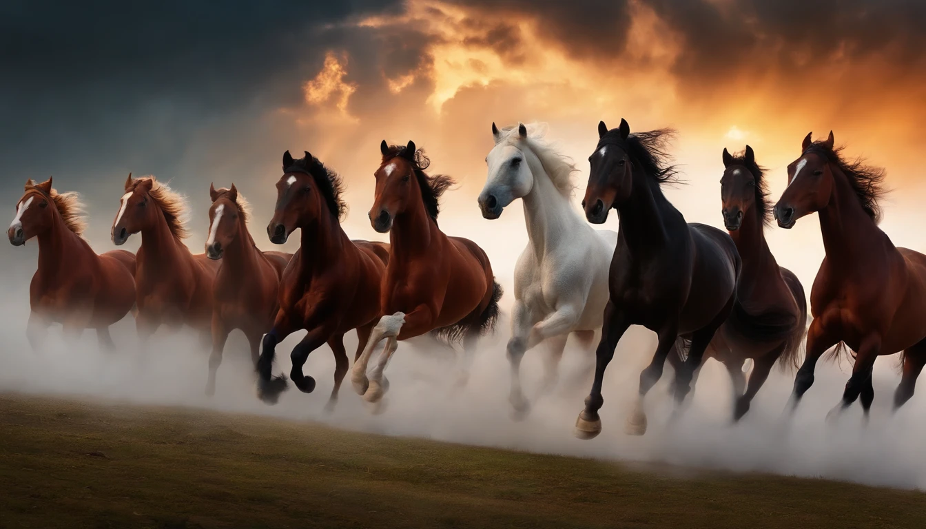scene of the 4 horses of the apocalypse coming out of the clouds, extremely detailed and incredible