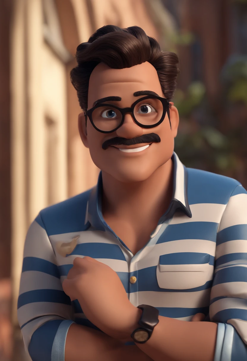 Cartoon character of a man with black glasses, cabelo preto com coque de cavalo e uma camisa azul, animation character, Caractere estilizado, animation style rendering, 3D estilizado, Arnold Maya render, 3 d render stylized, toon render keyshot, Personagem 3D, Personagem 3D, 3d rendering stylized, 3 d character render, personagem de desenho animado, Personagem de close up, Pose de personagem, (Estilo Pixar) (master part:1.2) (Bokeh) (best quality) (pele detalhada) (textura detalhada) (8k) (argila) (Cinematic lighting) (foco nítido