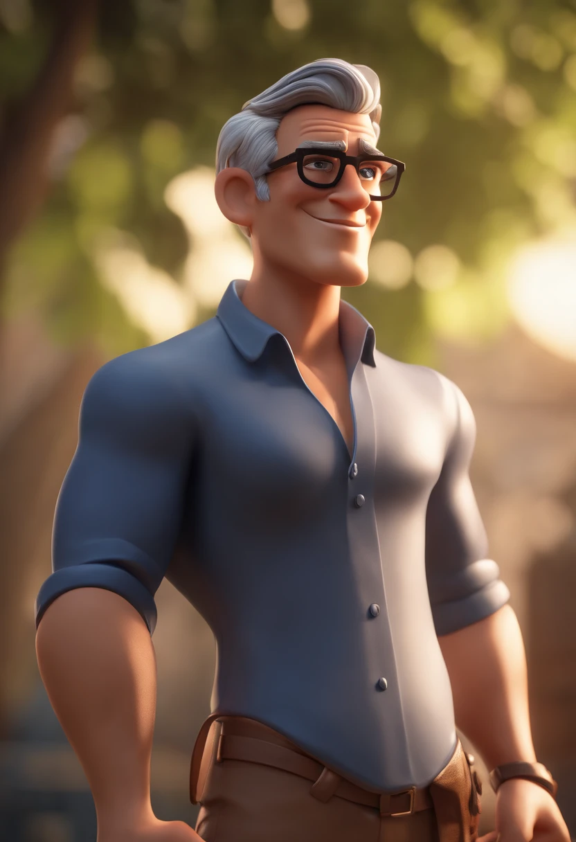 Cartoon character of a man with black glasses, cabelo preto com coque de cavalo e uma camisa azul, animation character, Caractere estilizado, animation style rendering, 3D estilizado, Arnold Maya render, 3 d render stylized, toon render keyshot, Personagem 3D, Personagem 3D, 3d rendering stylized, 3 d character render, personagem de desenho animado, Personagem de close up, Pose de personagem, (Estilo Pixar) (master part:1.2) (Bokeh) (best quality) (pele detalhada) (textura detalhada) (8k) (argila) (Cinematic lighting) (foco nítido