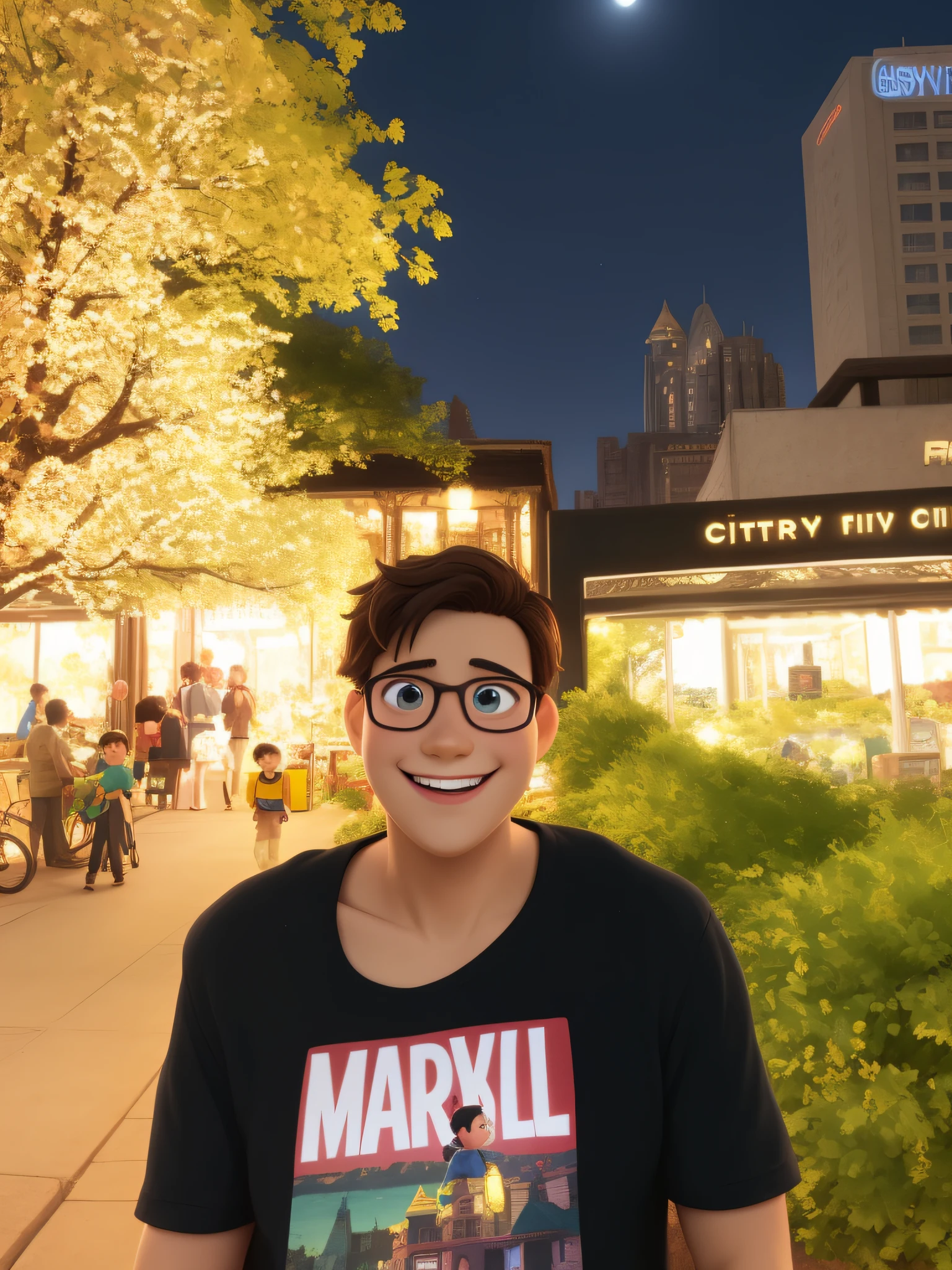 poster of boy, smiling, city in the background, disney-pixar cartoon style