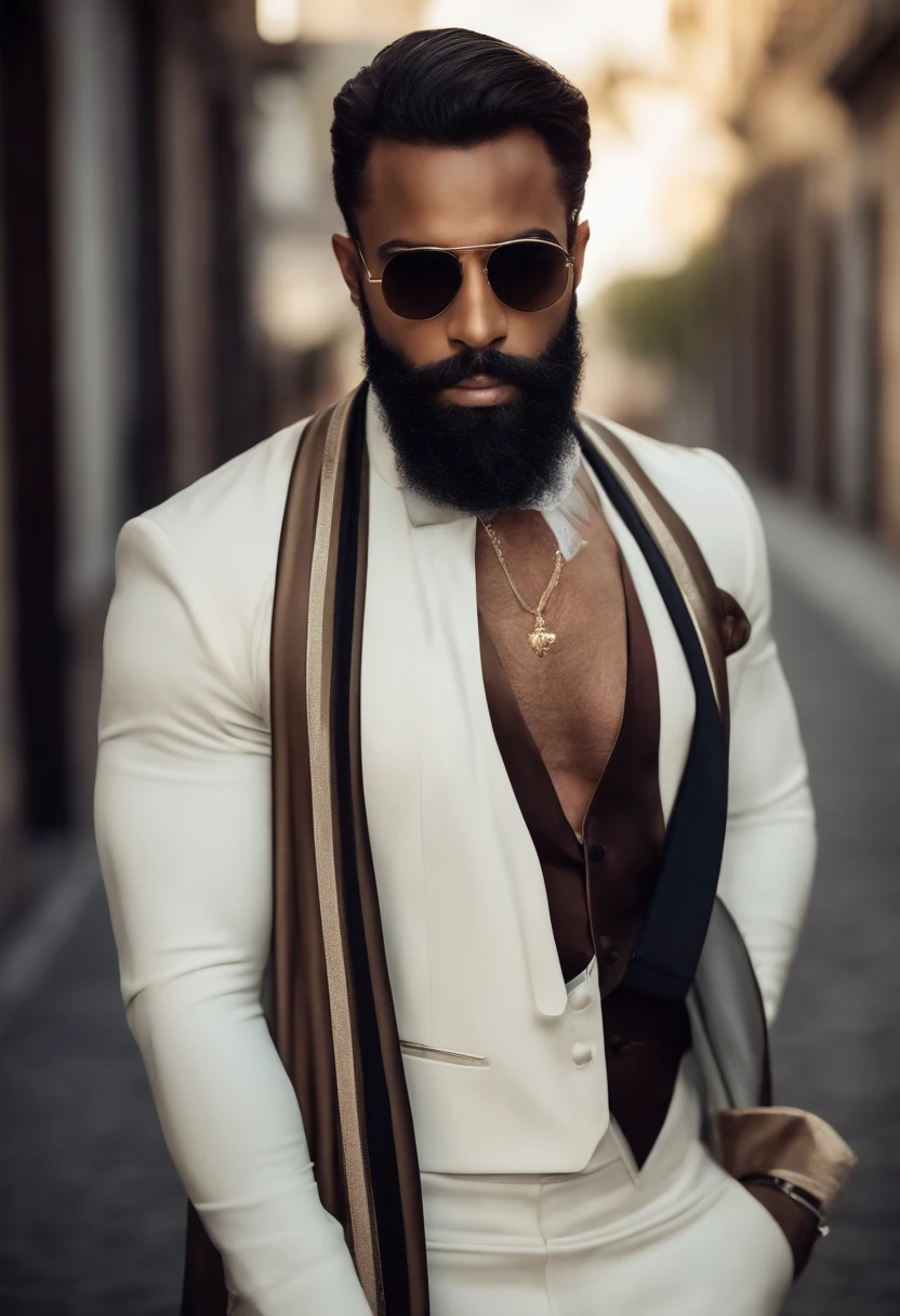 (Homem negro em roupas de bruxo), (with a medium, full beard,) (olhos azuis) (retrato) Beautiful and serious appearance, Cabelo branco, elegante e elegante, e corpo forte sem camisa, (Imagem realista e de alta qualidade), ((best quality, 8k, piece of master).