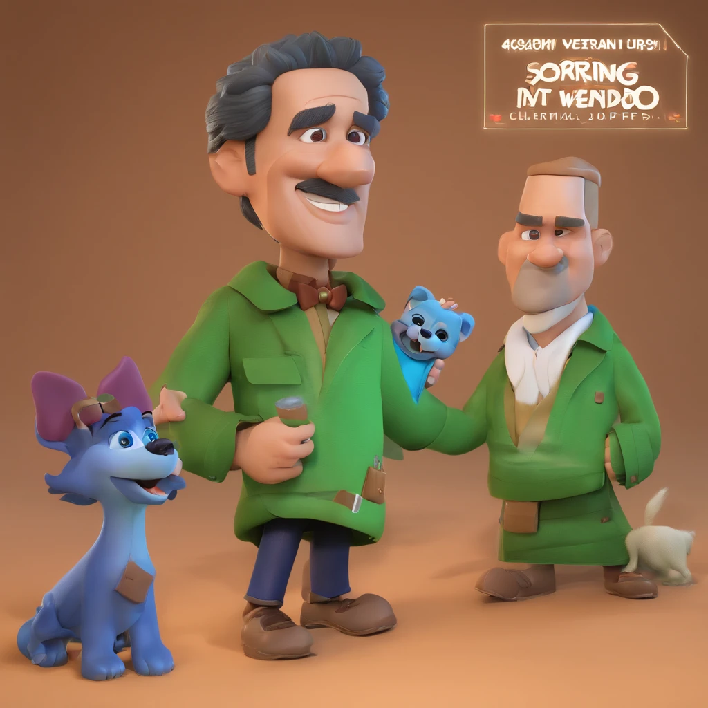 Homem sorrindo, 47-year-old human , cabelo: castanho claro curto. olhos: verdes. ccom o cachorro westie: with loop. deitados no jardim. Estilo disney pixar