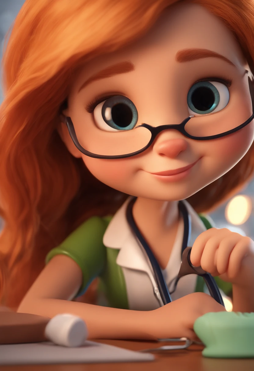 Cartoon character of a doctor with black eyes and big eyelashes, boca desenhada e nariz fino, with blond and medium hair, Inside a Clinical Animation Character, Caractere estilizado, animation style rendering, 3D estilizado, Arnold Maya render, 3 d render stylized, toon render keyshot, Personagem 3D, Personagem 3D, 3d rendering stylized, 3 d character render, personagem de desenho animado, Personagem de close up, Pose de personagem, (Estilo Pixar) (master part:1.2) (Bokeh) (best quality) (pele detalhada) (textura detalhada) (8k) (argila) (Cinematic lighting) (foco nítido