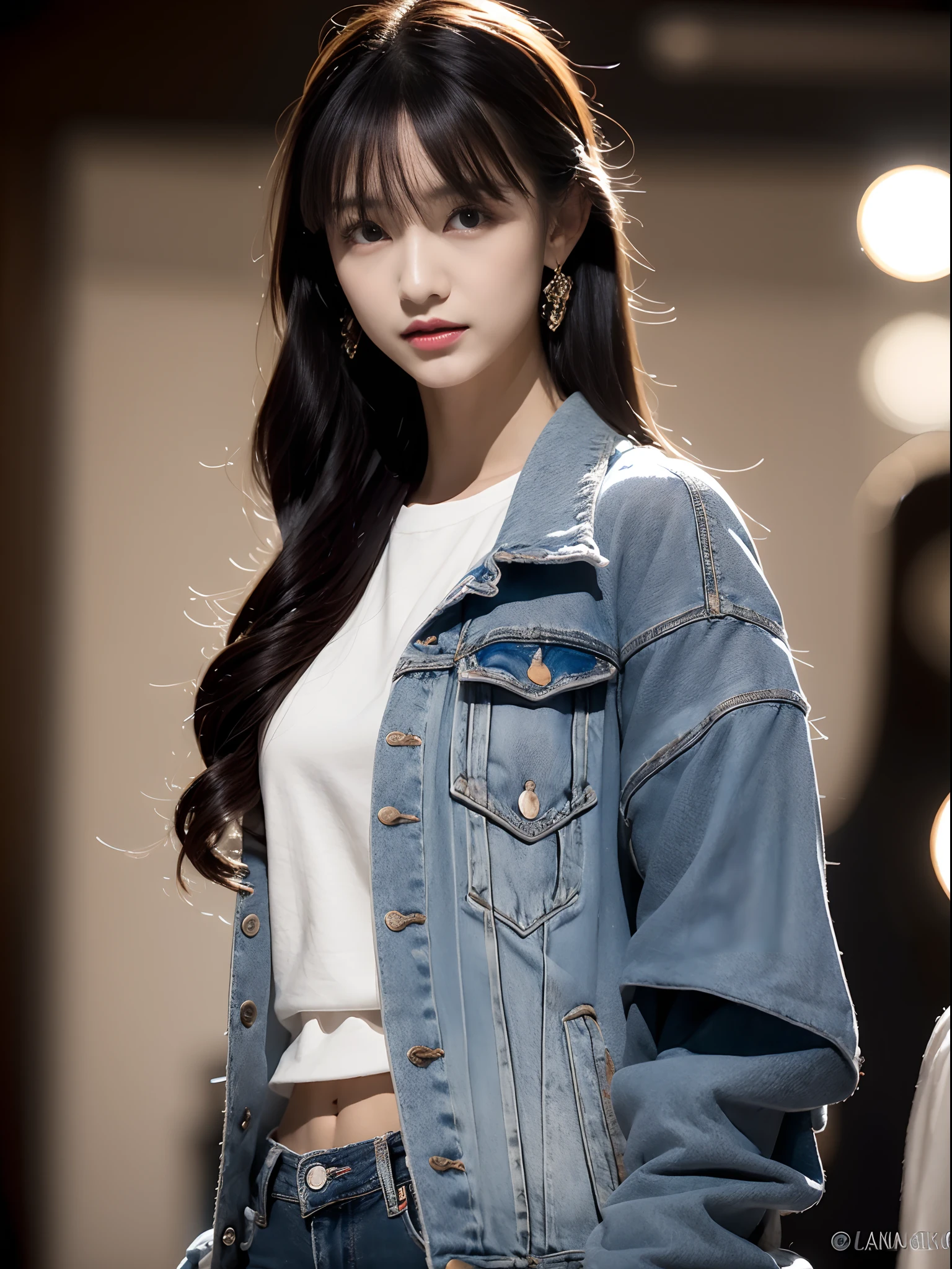 makeup, covering ears, black hair, blunt bangs, negative space, tachi-e, fisheye, cinematic lighting, depth of field, reflection light, ray tracing, UHD, anatomically correct, super detail, high quality，SOLO,A female fashion model wearing skinny blue jeans and a black open-chested jacket，walks on the catwalk，