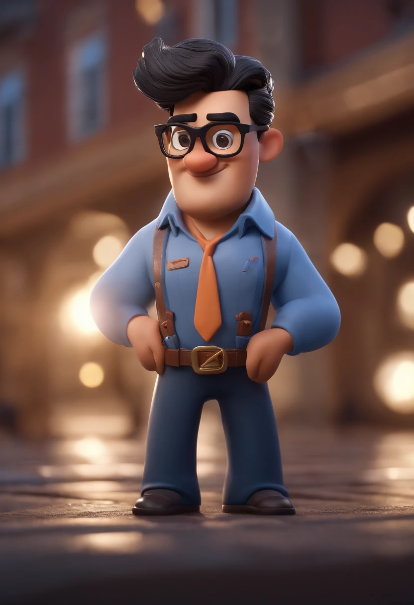Cartoon character of a man with black glasses, cabelo preto com coque de cavalo e uma camisa azul, animation character, Caractere estilizado, animation style rendering, 3D estilizado, Arnold Maya render, 3 d render stylized, toon render keyshot, Personagem 3D, Personagem 3D, 3d rendering stylized, 3 d character render, personagem de desenho animado, Personagem de close up, Pose de personagem,  (Estilo Pixar) (master part:1.2) (Bokeh) (best quality) (pele detalhada) (textura detalhada) (8k) (argila) (Cinematic lighting) (foco nítido