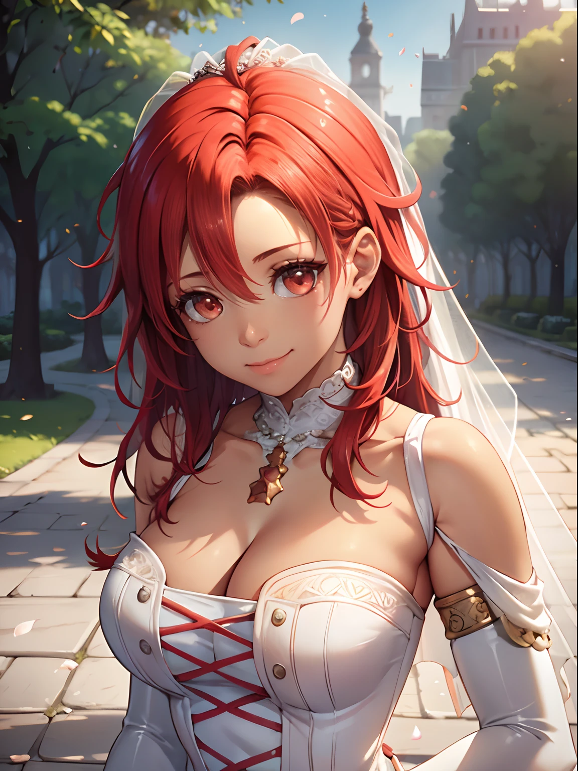 1girl hair between eyes, ahoge, tanned skin, red eyes, red hair, star \(symbol\), hair ornament, dress, cleavage, bare shoulders, collarbone, long white elbow gloves, white gloves, white dress, white choker, strapless, tiara, veil, strapless dress, wedding dress, bridal veil, beautiful woman, perfect body, perfect breasts, wearing a wedding dress, ball gown, in the park trees, wedding decorations, a in love smile, realism, masterpiece, textured skin, super detail, high detail, high quality, best quality, 1080p, 16k