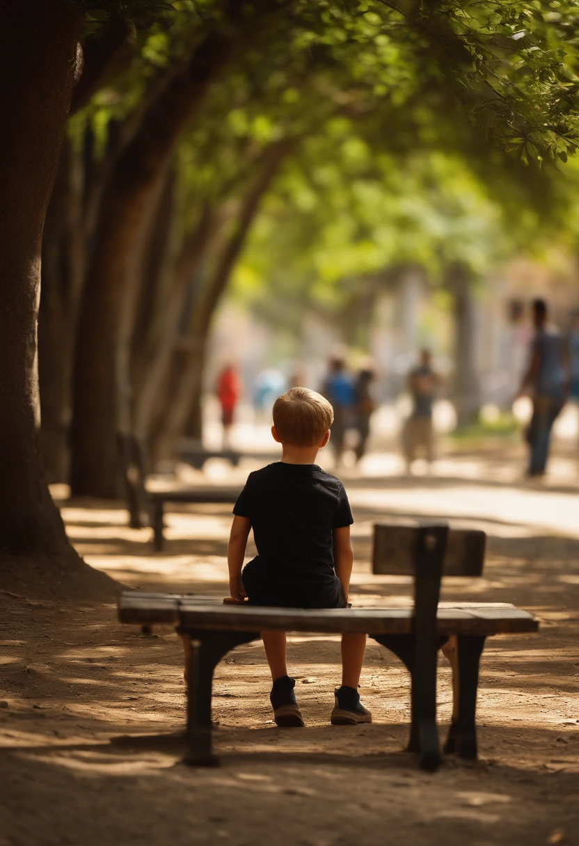 A imagem mostra um menino sentado em um banco de madeira, which is located near a fence. The boy is wearing a black shirt and appears to be looking at the camera. The bench is positioned in the middle of the scene, com a cerca estendendo-se para os lados esquerdo e direito da imagem. The boy's posture and the presence of the bench suggest that this could be a park or a similar outdoor environment.Gere essa imagem no estilo de anima