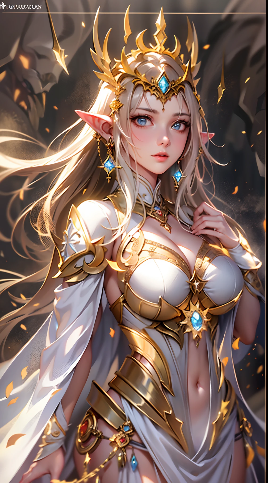 Elven Woman in a golden transparent dress,view the viewer,(((Huge breasts, Large cleavage))),Slim waist,(navel baring,Bare waist), Elven girl in shiny armor, Beautiful gold and silver armor, Extremely detailed, Exquisite tiara and jewelry, Long shapeless hair, Ultra-detailed, Zhenyi station, Rainstorm site, detailed fantasy art, Stunning character art, Beautiful and exquisite character art, Crystal jewelry filigree, milky ways, Stunning visuals, (dynamic streaks, light tracks:1.2), Vibrant colors, cinematic lighting.
