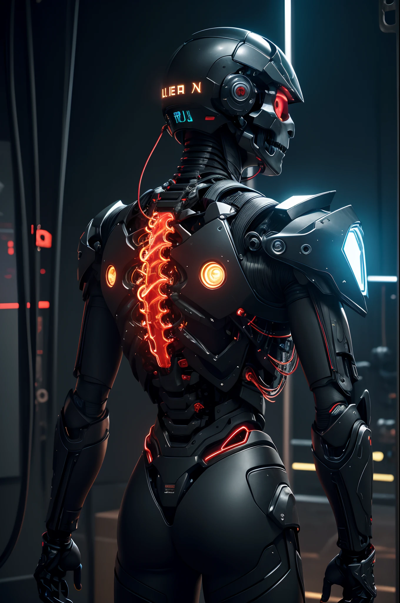1 Handsome upper body only made,The skeleton and internal circuits of the machine are built,Mechanical Boy,((super realistic details)),and countless cables extending from the back,A camera eye that glows red in only one eye,A small sparkling blue crystal on the left chest,Half of the jaw is a machine,Boat Rate,globalillumination,Shadu,octan render,8K,ultrasharp,metal,Convolut,Ornament Detail,Cold color,Egyptian Detail,highly intricate detail,Realistic luminescence,Trends in CGS Society、radiant eyes、Camera orientation、Neon Detail、Mechanical limbs、Blood vessels connected to tubes、Mechanical vertebrae attached to the back、Mechanical cervical neck is attached,、Sedentary posture、Wires and cables tied to the head、Head of the machine,a handsome、Connected to many cables、The exterior emits LEDs that have no color、android、Produced only the upper body、Internal structure of the machine、Lots of wires and cables、to be continued,Chest armor purge,Exposed internal combustion engine,Damaged left arm,Peeled shoulder armor,Countless cables are connected to the back,reddish,green grass,amarelo,Green LED,