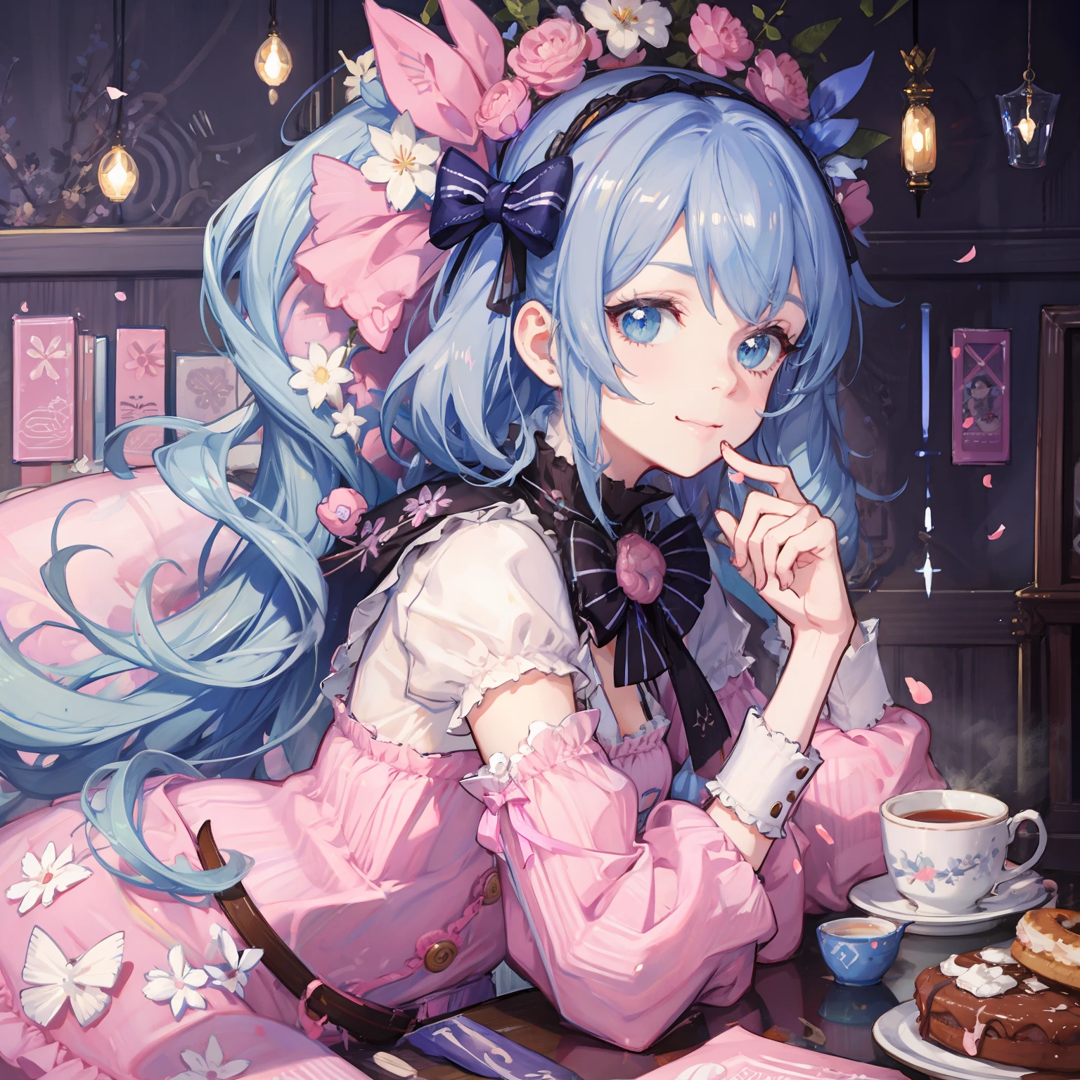 (Cute illustration:1.5), Cute girl with a smile on her face, With twin tails、Hair color is pink , Blue pastel color outfit、Castles , tea parties、a cake、 macaroons、donut、cookies、black tea、cute little、Cute 、Dolce、fluffly、Dolce、Pale shades