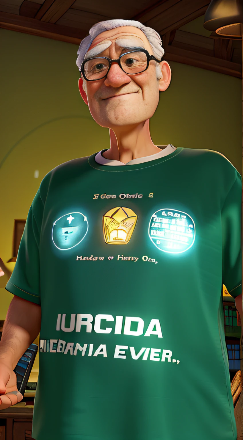 A wise old man standing in front, illuminated by the light of a lamp, against the backdrop of a library