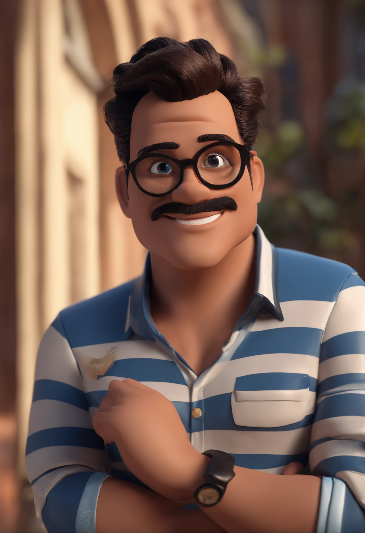 Cartoon character of a man with black glasses, cabelo preto com coque de cavalo e uma camisa azul, animation character, Caractere estilizado, animation style rendering, 3D estilizado, Arnold Maya render, 3 d render stylized, toon render keyshot, Personagem 3D, Personagem 3D, 3d rendering stylized, 3 d character render, personagem de desenho animado, Personagem de close up, Pose de personagem, (Estilo Pixar) (master part:1.2) (Bokeh) (best quality) (pele detalhada) (textura detalhada) (8k) (argila) (Cinematic lighting) (foco nítido