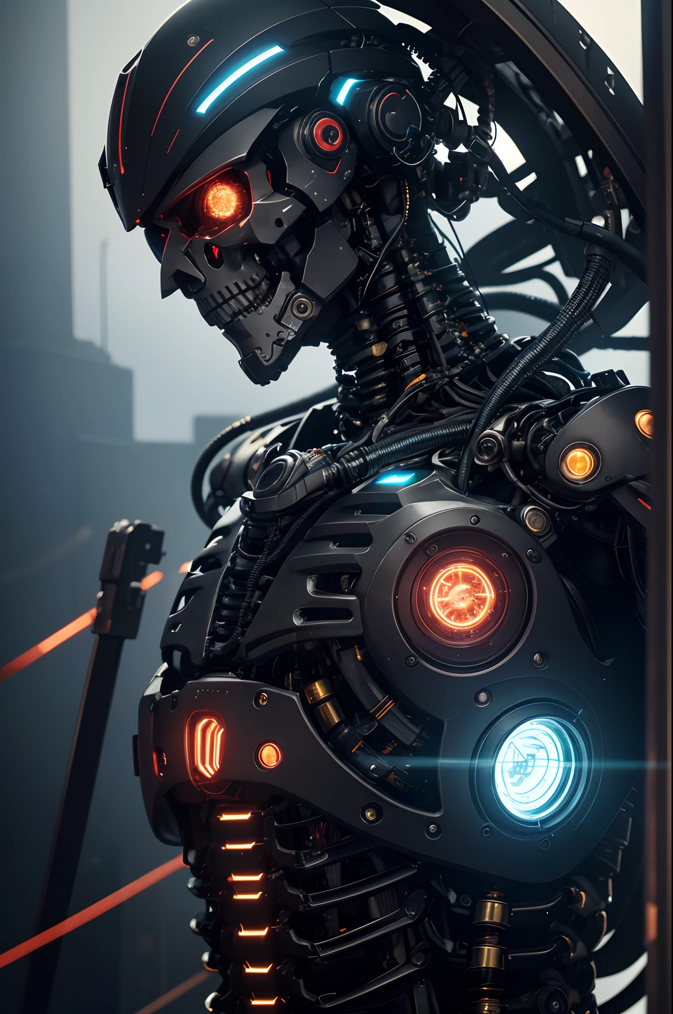 1 Handsome upper body only made,The skeleton and internal circuits of the machine are built,Mechanical Boy,((super realistic details)),and countless cables extending from the back,A camera eye that glows red in only one eye,A small sparkling blue crystal on the left chest,Half of the jaw is a machine,Boat Rate,globalillumination,Shadu,octan render,8K,ultrasharp,metal,Convolut,Ornament Detail,Cold color,Egyptian Detail,highly intricate detail,Realistic luminescence,Trends in CGS Society、radiant eyes、Camera orientation、Neon Detail、Mechanical limbs、Blood vessels connected to tubes、Mechanical vertebrae attached to the back、Mechanical cervical neck is attached,、Sedentary posture、Wires and cables tied to the head、Head of the machine,a handsome、Connected to many cables、The exterior emits LEDs that have no color、android、Produced only the upper body、Internal structure of the machine、Lots of wires and cables、to be continued,Chest armor purge,Exposed internal combustion engine,Damaged left arm,Peeled shoulder armor,Countless cables are connected to the back,reddish,green grass,amarelo,Green LED,