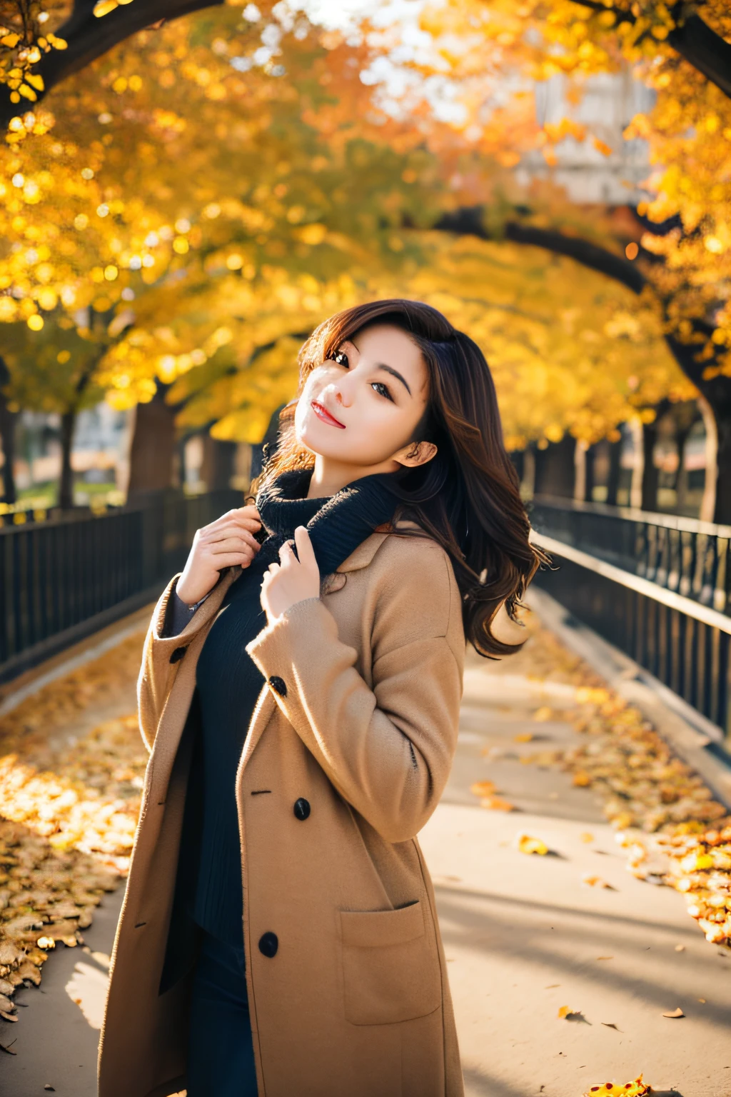 As if、In the middle of the promenade that looks like a tunnel of autumn leaves、A beautiful French female model is taking a graceful pose。