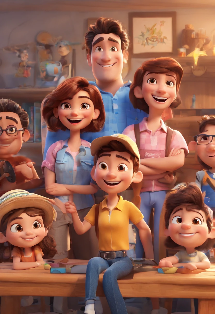 Cartoon of friends having fun on vacation together,  3D Animation Movie Poster, Poster de filme animado, pixar 3 d animation style, pixar renderman rendering, maia 8 mil, animated film, Disney Pixar Estilo 3D, amigos felizes saem juntos, all wearing light blue shirts and cream brown long pants, camisa azul clara, cream brown pants, ao ar livre, vacation, Disney Pixar Animation Poster