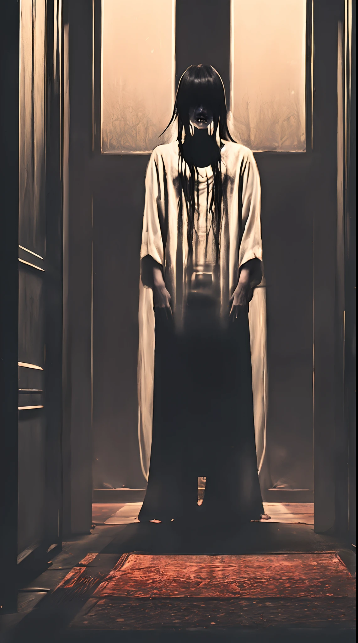 Sadako, inside a liminal space of nightmares in a dark warehouse, dynamic lighting, photorealistic, trending on art station, stunning visuals, foggy, creative, cinematic, ultra detailed, atmospherical, ambient lighting, scary art, bad quality, heavy film grain, desaturated, orange teal hue
