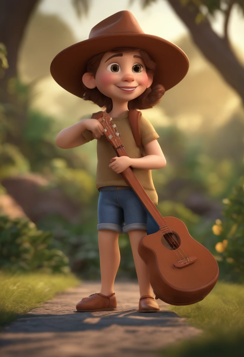 Personagem de desenho animado de uma parda, usando uma camiseta preta, with a guitar in hand, andando em uma trilha em um parque com muitas arvores e um lago proximo um personagem animado, Caractere estilizado, animation style rendering, 3D estilizado, Arnold Maya render, 3 d render stylized, toon render keyshot, Personagem 3D, Personagem 3D, 3d rendering stylized, 3 d character render, personagem de desenho animado, Personagem de close up, Pose de personagem, (Estilo Pixar) (master part:1.2) (Bokeh) (best quality) (pele detalhada) (textura detalhada) (8k) (argila) (Cinematic lighting) (foco nítido,Senta e vaza a parte superior do corpo