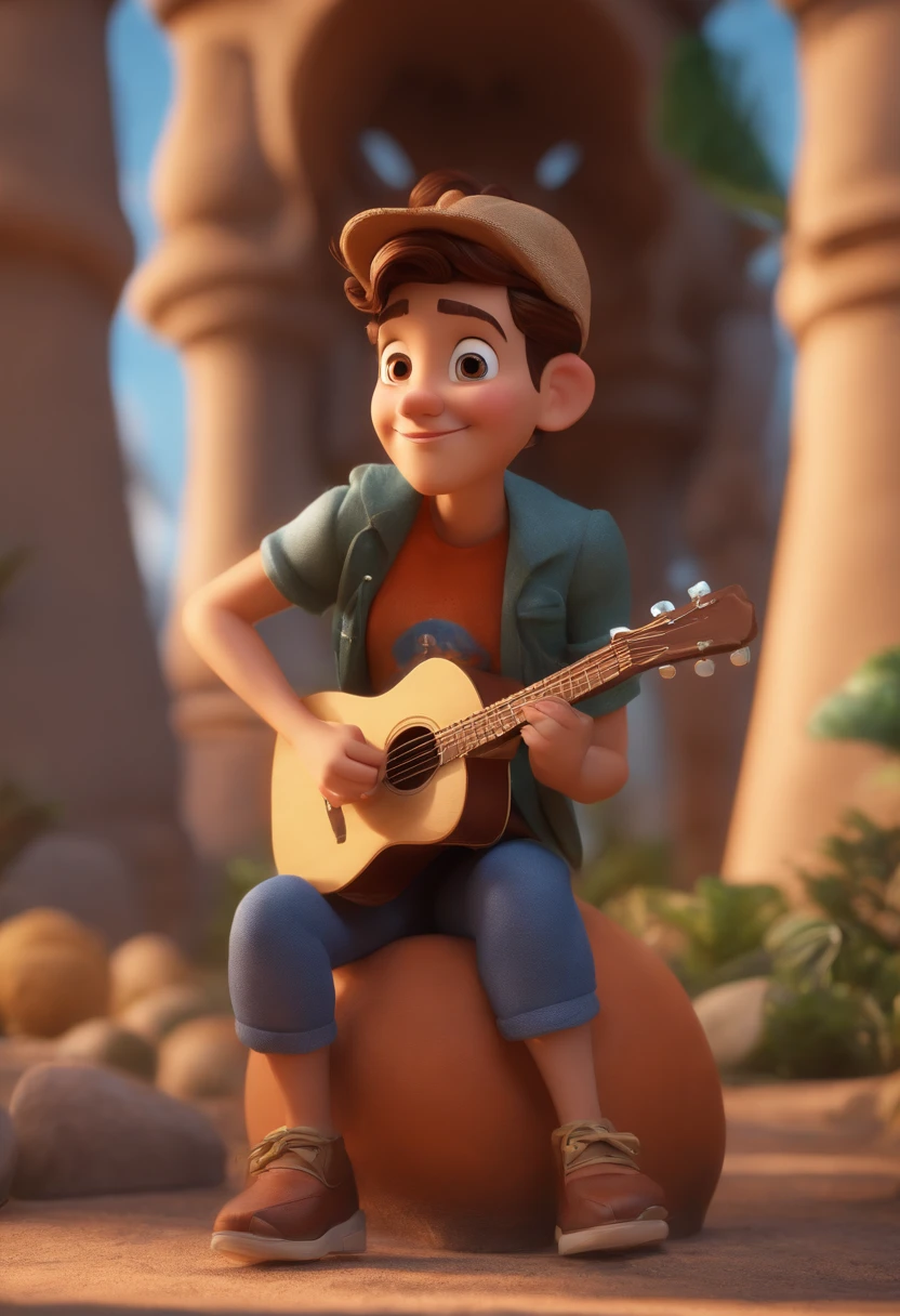 Personagem de desenho animado de uma menina parda, usando uma camiseta preta, with a guitar in hand, andando em uma trilha em um parque com muitas arvores e um lago proximo um personagem animado, Caractere estilizado, animation style rendering, 3D estilizado, Arnold Maya render, 3 d render stylized, toon render keyshot, Personagem 3D, Personagem 3D, 3d rendering stylized, 3 d character render, personagem de desenho animado, Personagem de close up, Pose de personagem, (Estilo Pixar) (master part:1.2) (Bokeh) (best quality) (pele detalhada) (textura detalhada) (8k) (argila) (Cinematic lighting) (foco nítido，Senta e vaza a parte superior do corpo