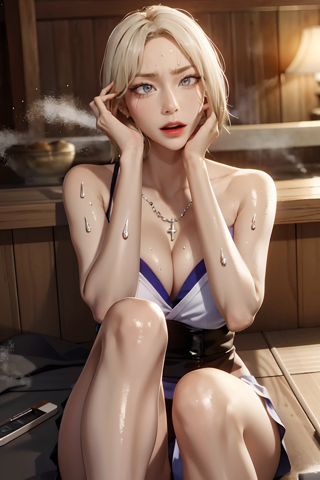 (Cinematic Digital Artwork: 1.3), High quality, masutepiece, of the highest quality, Super Detail, Illustration, [4K Digital Art]、 lndswgnr, (Sharp Focus: 1.5), (Moody lighting:1.2), depth of fields, Bokeh, 4K 、High resolution, ultra-detailliert, the Extremely Detailed CG Unity 8K Wallpapers, Realistic, Photorealsitic, Raw photo, beautifull detailed face, pale skin, realistic glistening skin, Detailed Cloth Texture, detailed hair texture, Perfect body, Beautiful face, acurate, Anatomically correct, Highly detailed face and skin texture, Natural neck length, (Beautiful hands), (Glossy skin:1.2), thin legs, Thin feet, Detailed people、A detailed face、细致背景、


(((Ahegao, , Sweat, steam, Lower grade)))、(masuter piece:1.2、top-quality)、(Live action、Intricate details)、(1lady、独奏、The upper part of the body) bionde、short-hair、Dramatic makeup、Sauna room
