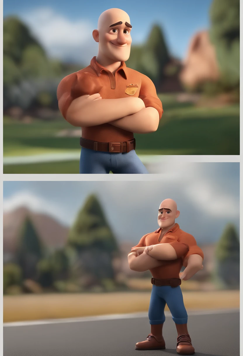 Cartoon character of a bald man with a small beard like crossed arms, usando camisa preta, On the front of you Sony camera and on the other side another Sony camcorder, A Serious Character, Caractere estilizado, animation style rendering, 3D estilizado, Arnold Maya render, 3 d render stylized, toon render keyshot, Personagem 3D, Personagem 3D, 3d rendering stylized, 3 d character render, personagem de desenho animado, Personagem de close up, Pose de personagem, (Estilo Pixar) (master part:1.2) (Bokeh) (best quality) (pele detalhada) (textura detalhada) (8k) (argila) (Cinematic lighting) (foco nítido