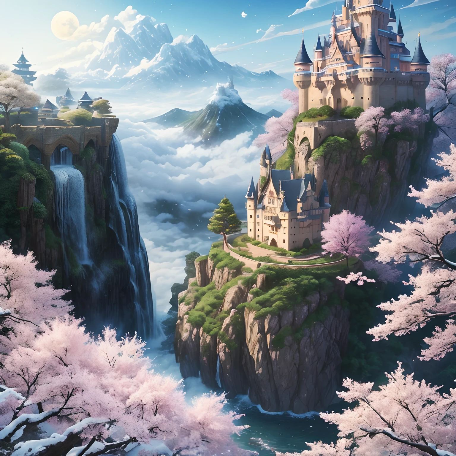 ​masterpiece、hightquality、Realistic、landscape shot、life-like、A detailed、Like the photo、Castle shining in the sky、Castle of the God of the Sky、Castle in the Sky、Flying Castle、Castle of Glory、Castle above the clouds、The cherry tree々A lush castle surrounded by、Sakura blizzard、Falling waterfall、a moon