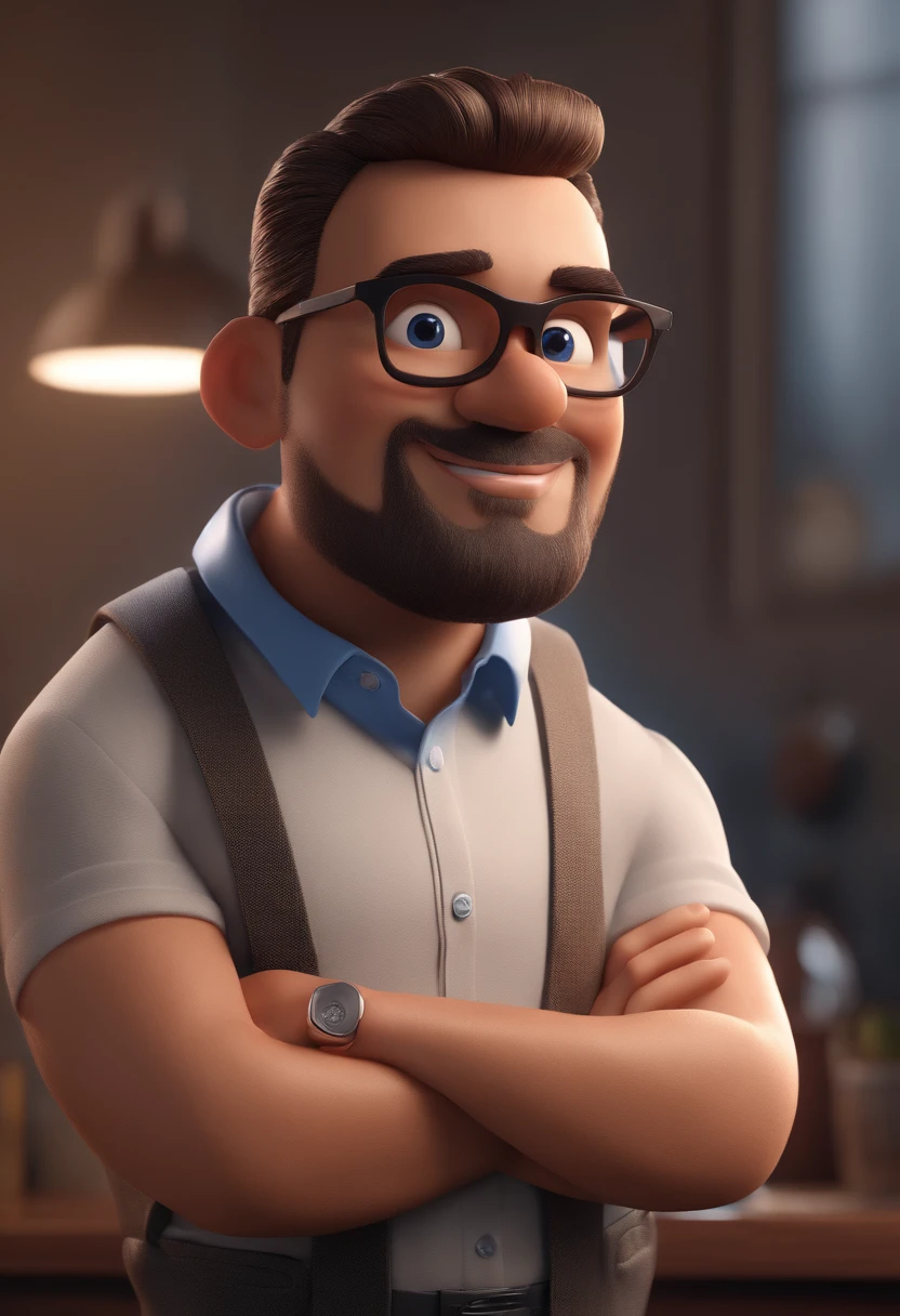 Cartoon character of a man with black glasses and a blue shirt, animation character, Caractere estilizado, animation style rendering, 3D estilizado, Arnold Maya render, 3 d render stylized, toon render keyshot, Personagem 3D, Personagem 3D, 3d rendering stylized, 3 d character render, personagem de desenho animado, Personagem de close up, Pose de personagem, (Estilo Pixar) (master part:1.2) (Bokeh) (best quality) (pele detalhada) (textura detalhada) (8k) (argila) (Cinematic lighting) (foco nítido