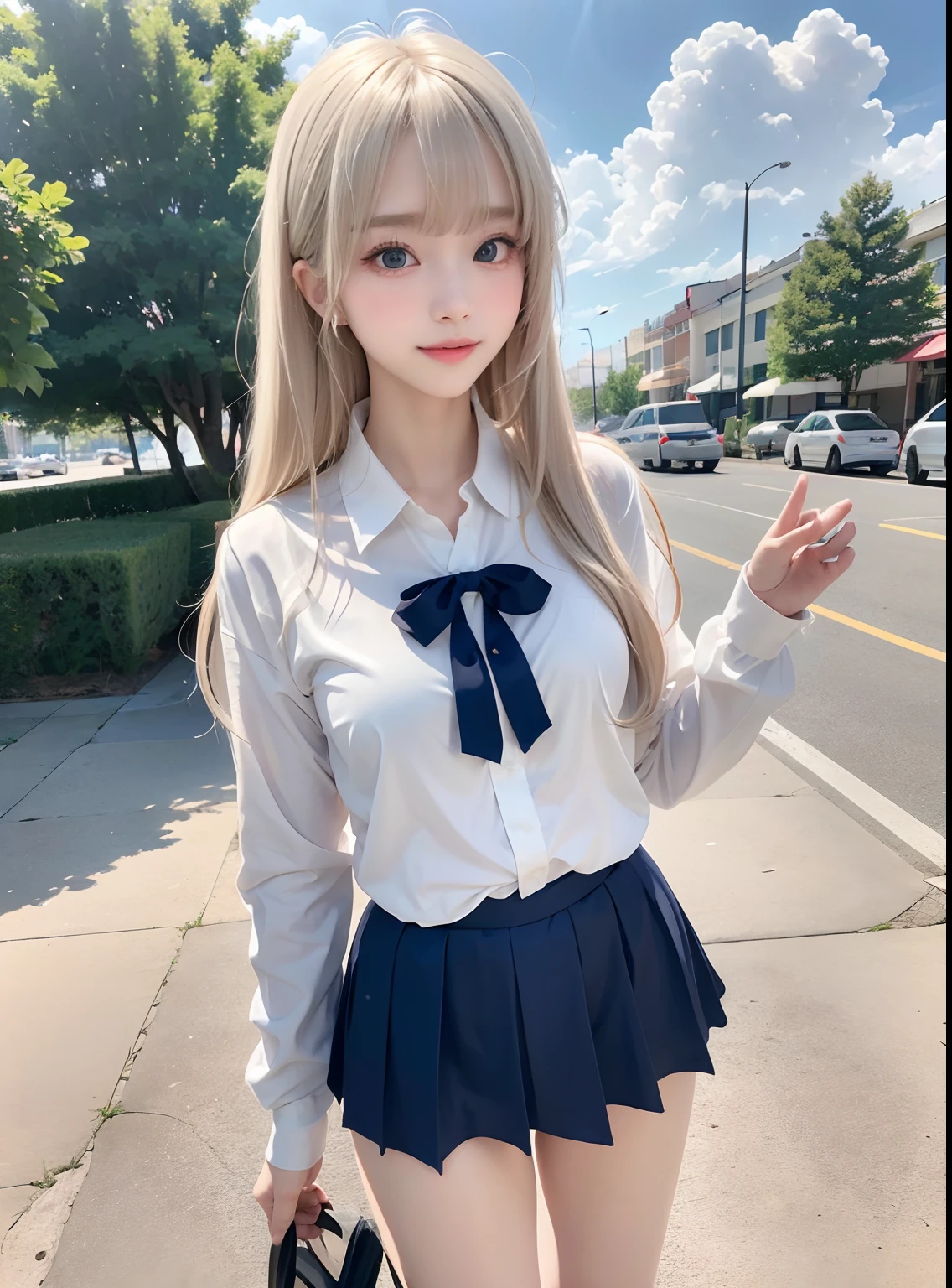 ((top-quality、masterpiece:1.3))、((Russian beauties))、1 female、18year old、Colossal tits:1.3、Slender body type:1.1、Glossy white beautiful skin、Platinum blonde super long hair、(the beach、Wet body、pretty bikini:1.1)、Super Detailed Face、Detailed lips、detailedeyes、二重まぶた、beach balls、A smile、blue-sky、clouds、look left、kneeking、blue eyess、wide Shots, 1 girl, Super long hair, Beautiful and cute beautiful girl、Beautiful bangs、Very beautiful face、bright expression、Beautiful blue eyes, Bright and dazzling platinum blonde、Long straight hair、Eyebrows behind bangs、student clothes、School Uniforms、textured white skin, Best Quality, 4K high resolution、glowy skin, high details
