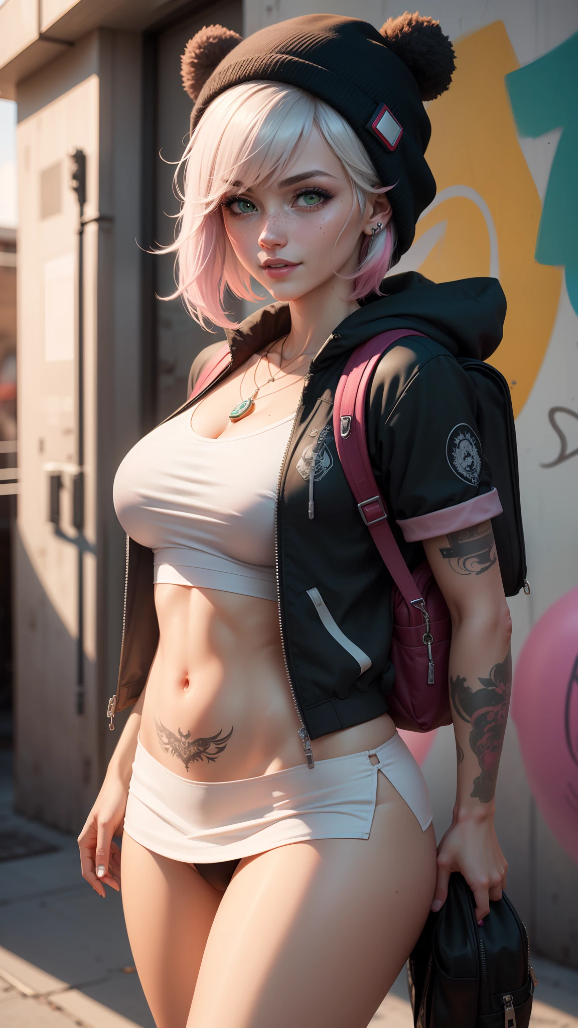 gwen tennyson,tracer,yorha 2b,y'shtola rhul,overwatch,nier automata,mecha pilot,school yard,tattoos,orange and pink plugsuit,white short sleeve top,school micro skirt, uncovered belly,short hair,punk makeup,green eyes,multicolored silver hair,sexy smile,freckles,beautiful girl,large breasts,8k,ultra detailed, realistic,fantasy art,school uniform,ear piercings,cyberpunk suit,saiyan girl,pink short sleeve sport hoodie,bear ear beanie,graffiti wall art,walking,small backpack,punk necklace,white stockings,showing thong,wet shirt,