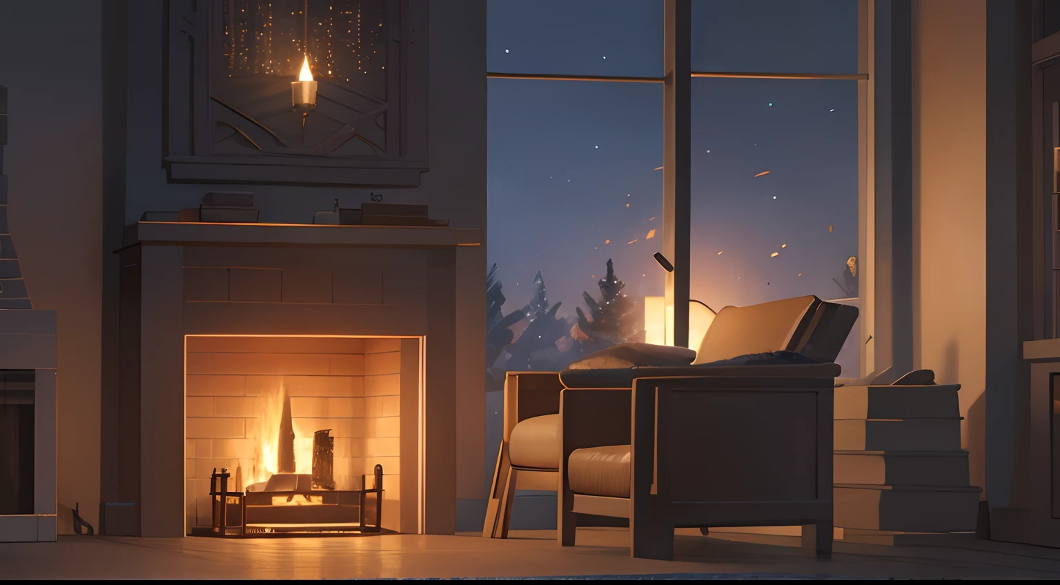 night indoors with fireplace winter illustration top quality graphic dark interior dark colors