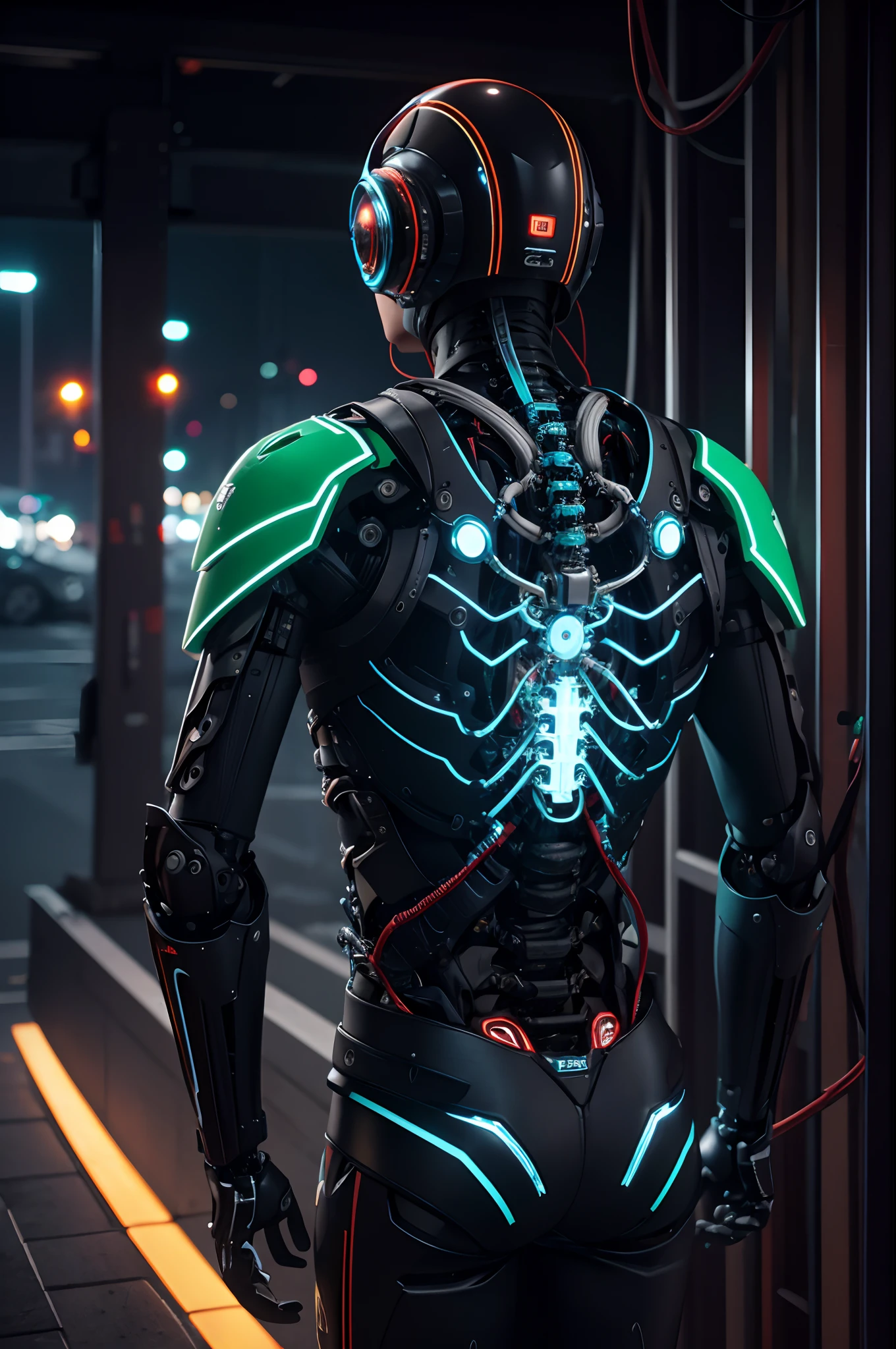 1 Handsome upper body only made,The skeleton and internal circuits of the machine are built,Mechanical Boy,((super realistic details)),and countless cables extending from the back,A camera eye that glows red in only one eye,A small sparkling blue crystal on the left chest,Half of the jaw is a machine,Boat Rate,globalillumination,Shadu,octan render,8K,ultrasharp,metal,Convolut,Ornament Detail,Cold color,Egyptian Detail,highly intricate detail,Realistic luminescence,Trends in CGS Society、radiant eyes、Camera orientation、Neon Detail、Mechanical limbs、Blood vessels connected to tubes、Mechanical vertebrae attached to the back、Mechanical cervical neck is attached,、Sedentary posture、Wires and cables tied to the head、Head of the machine,a handsome、Connected to many cables、The exterior emits LEDs that have no color、android、Produced only the upper body、Internal structure of the machine、Lots of wires and cables、to be continued,Chest armor purge,Exposed internal combustion engine,Damaged left arm,Peeled shoulder armor,Countless cables are connected to the back,reddish,green grass,amarelo,Green LED light emitting,超A high resolution,