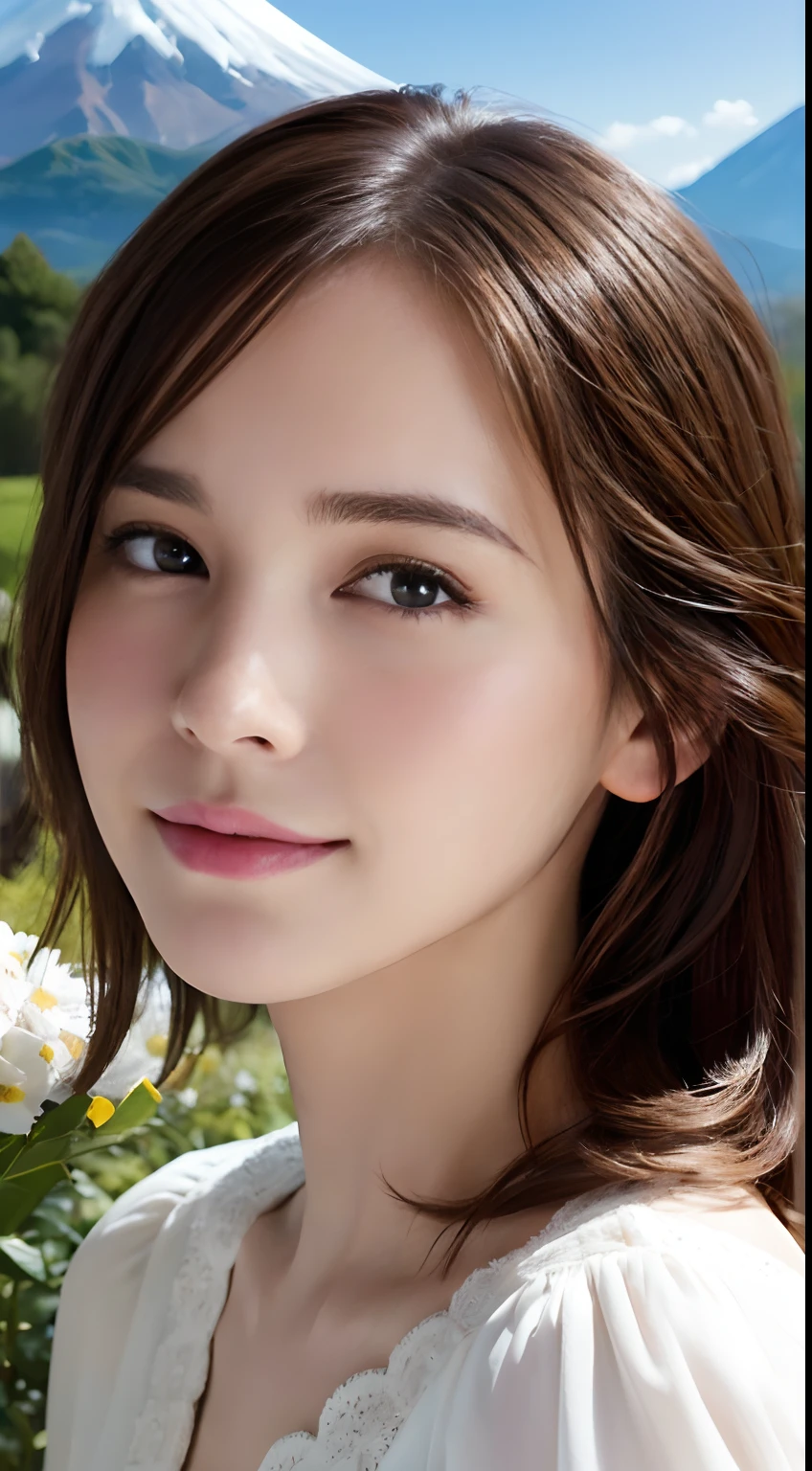 (A hyper-realistic), (hight resolution), (8K), (ighly detailed), (beatiful detailed eyes), (top-quality), (ultra-detailliert), (masterpiece), (A detailed face), softfocus、face of emma watson、Colossal tits、japanes、mount fuji background、A smile、