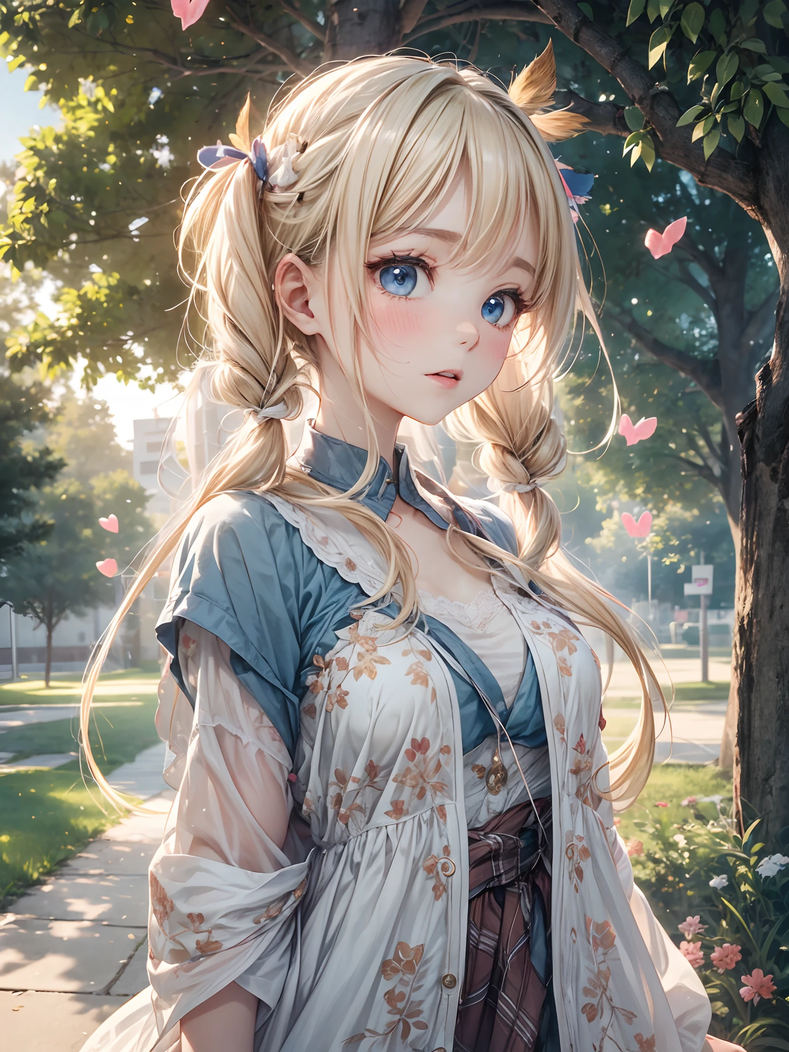 absurderes, (独奏:1.5,)ultra-detailliert,extremely beautiful detailed anime face and eyes,Short hair,(Bangs parted in the middle:1.3),(Blonde hair with short twin tails:1.3), Shiny hair, Delicate beautiful face, red blush、(Deep Blue Eyes:1.3), White skin, hair clips,(Warm Summer Nights,romantic,whispering breeze,Moonlit path,memories,Forgiveness,transformational,growth),The air is filled with the essence of love, To melt even the most painful heart. Two people hugging each other on a summer night, bathed in the soft glow of moonlight. Hand in hand, Walk along the tree-lined avenue, The sound of their footsteps leaving the path leading to the park.During a walk,I can't help but look at my old self, Those who gazed at this scene with longing eyes,Symbol of love,Choose to walk the path of honesty and trust. This road may be long, however、We promise to walk, With the warmth of a summer night、Embrace the love that fills your heart.