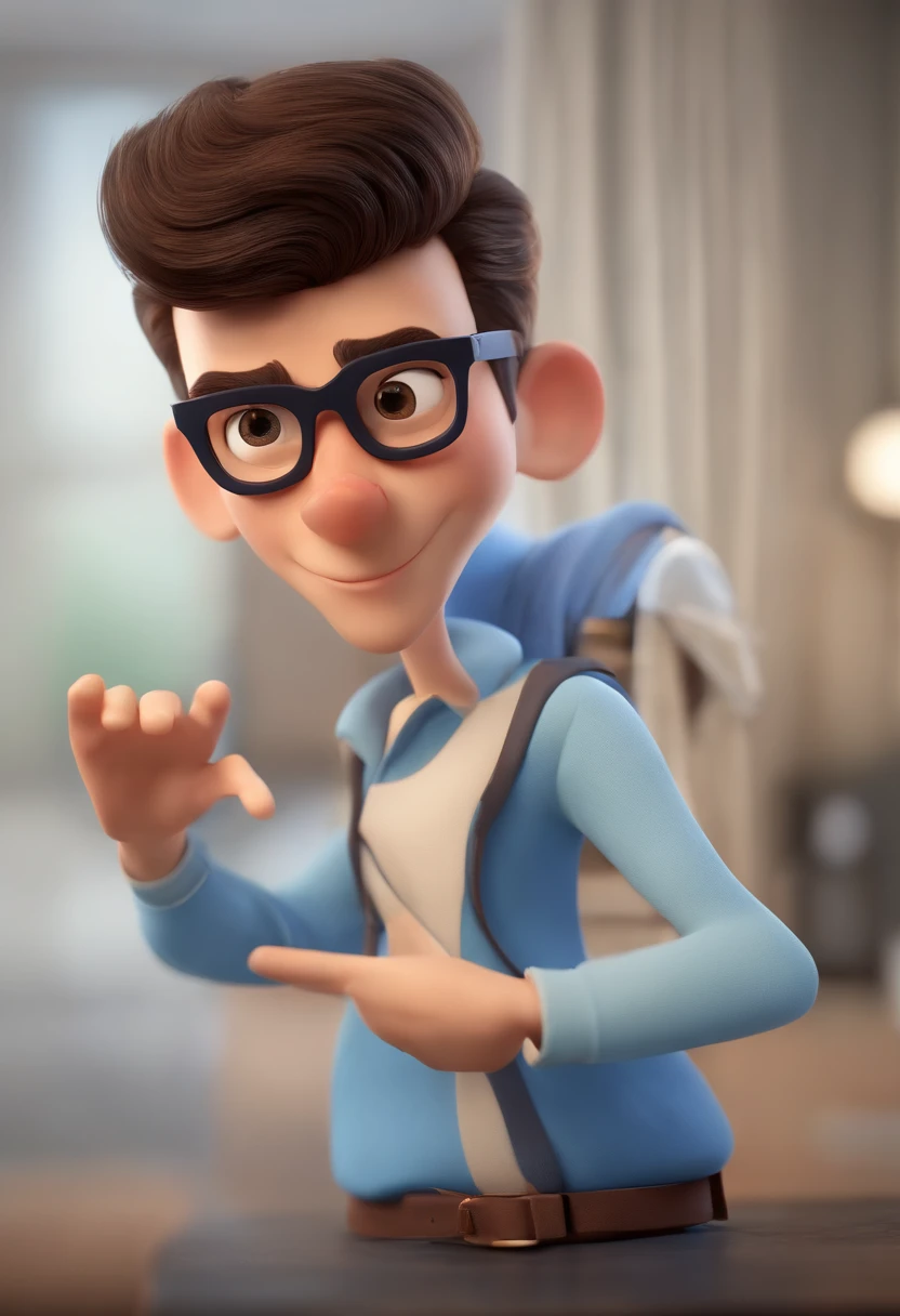 Cartoon character of a man wearing black glasses and a blue shirt, um personagem animado, Caractere estilizado, animation style rendering, 3D estilizado, Arnold Maya render, 3 d render stylized, toon render keyshot, Personagem 3D, Personagem 3D, 3d rendering stylized, 3 d character render, personagem de desenho animado, Personagem de close up, Pose de personagem, (Estilo Pixar) (master part:1.2) (Bokeh) (best quality) (pele detalhada) (textura detalhada) (8k) (argila) (Cinematic lighting) (foco nítido，Senta e vaza a parte superior do corpo